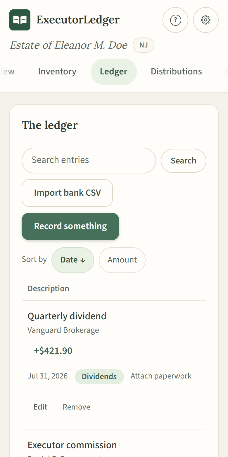 The ledger on a phone: entries with dates, payees and amounts, and the running balance
