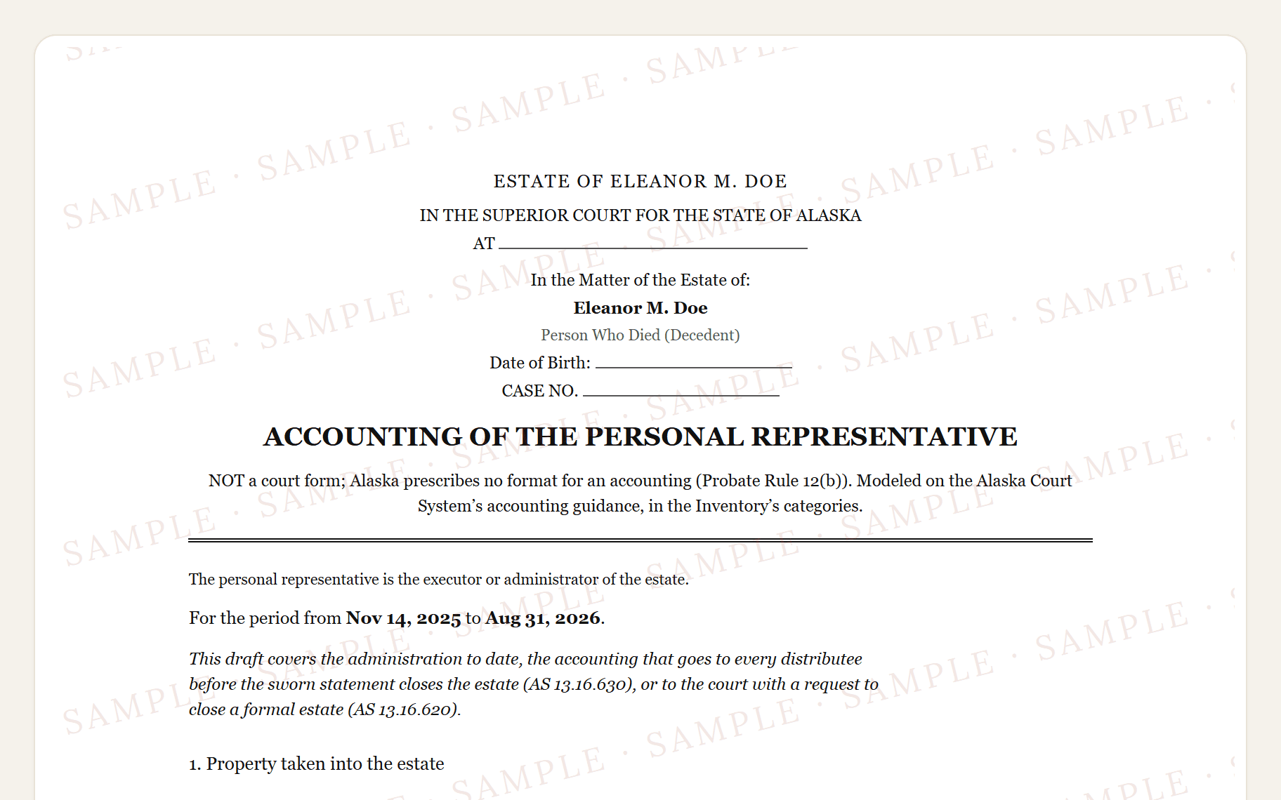 Top of the sample Alaska accounting: the Superior Court caption and the property taken into the estate.