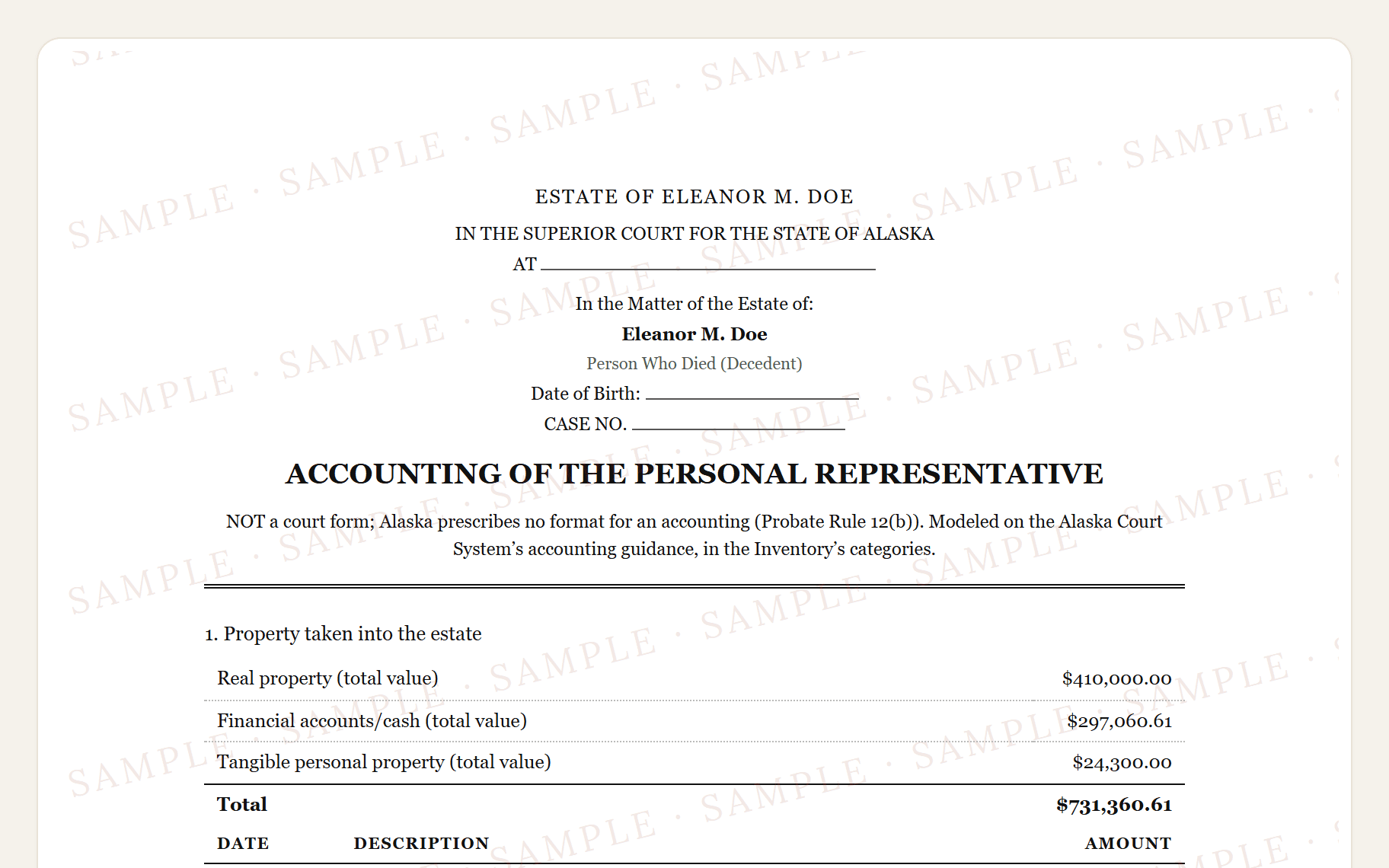 Top of the sample Alaska accounting: the Superior Court caption and the property taken into the estate.