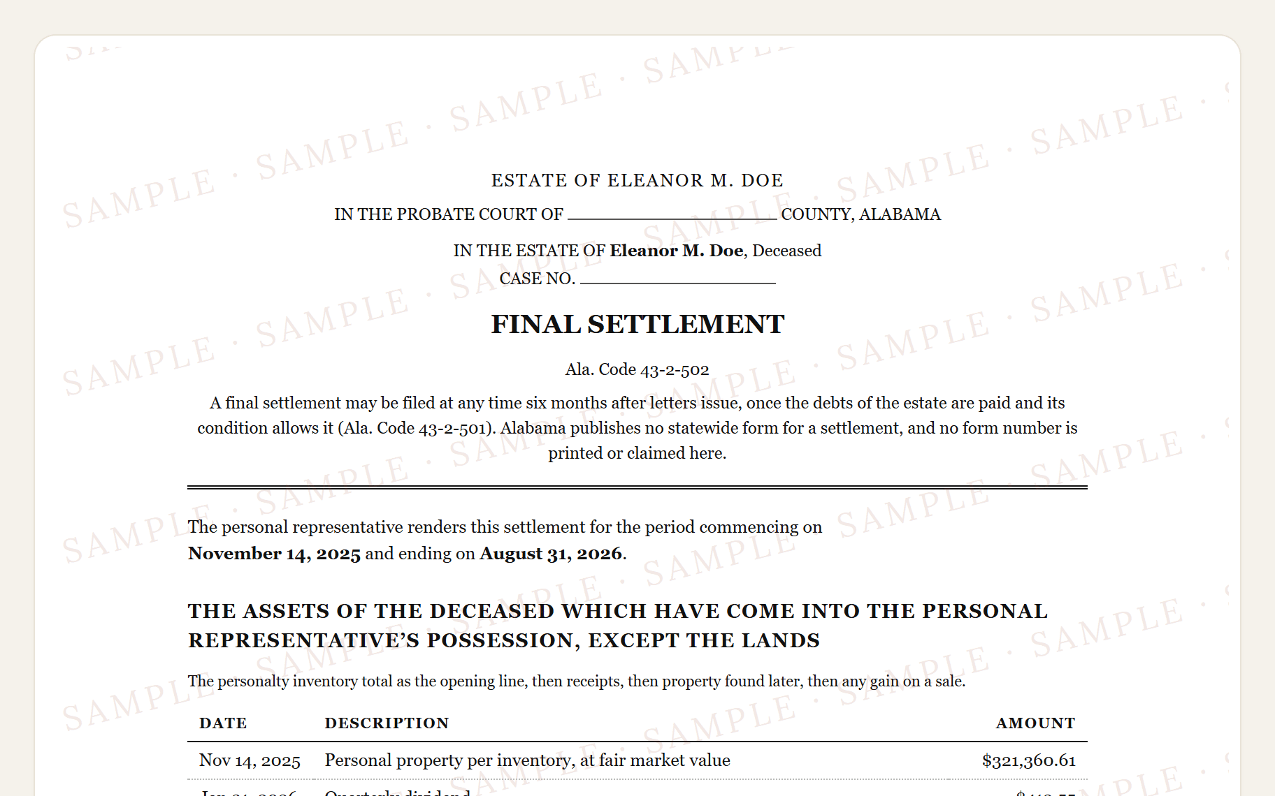 Top of the sample Alabama settlement: the probate court caption and the charges to the personal representative.
