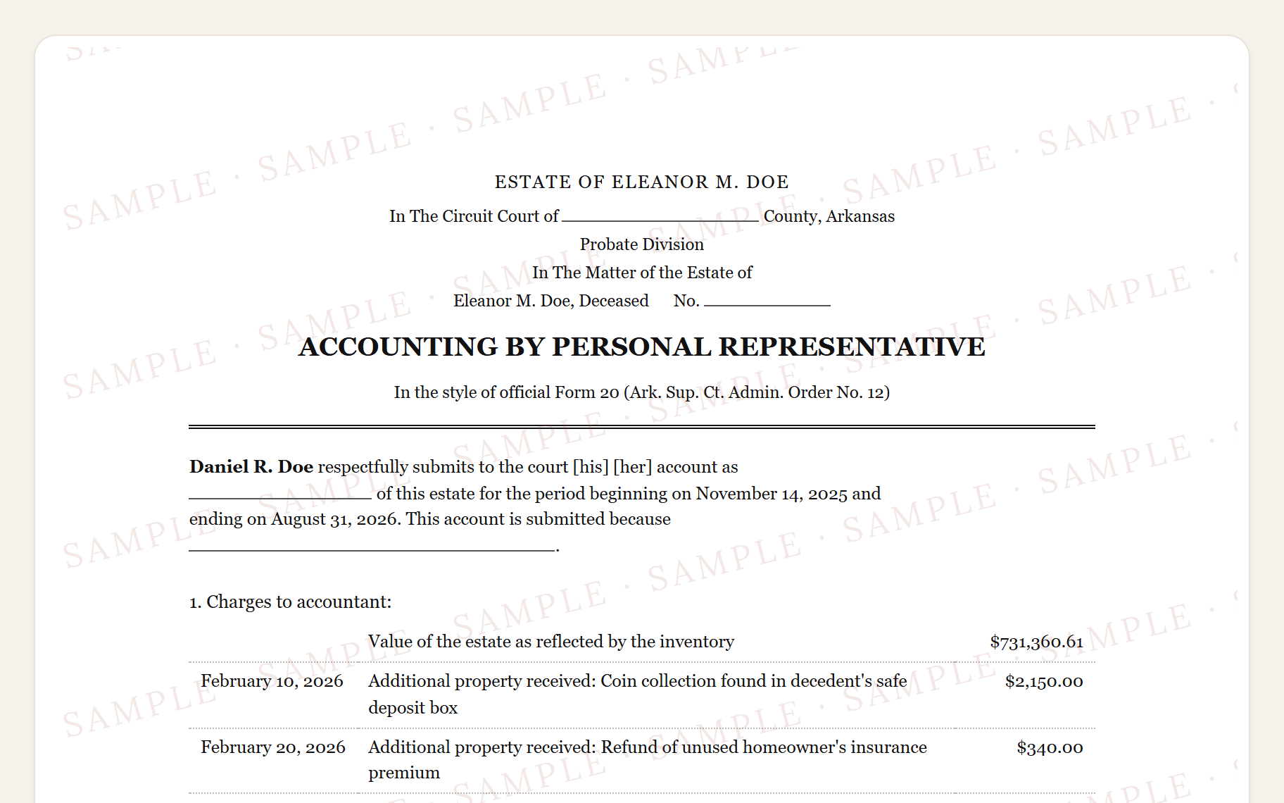 Top of the sample Arkansas Form 20 account: the court caption and the numbered charges to the accountant.