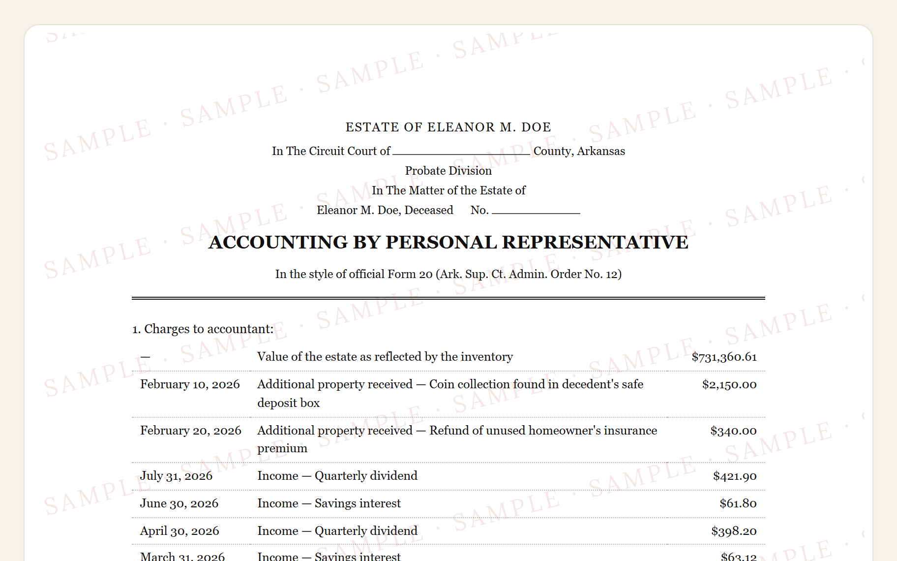 Top of the sample Arkansas Form 20 account: the court caption and the numbered charges to the accountant.