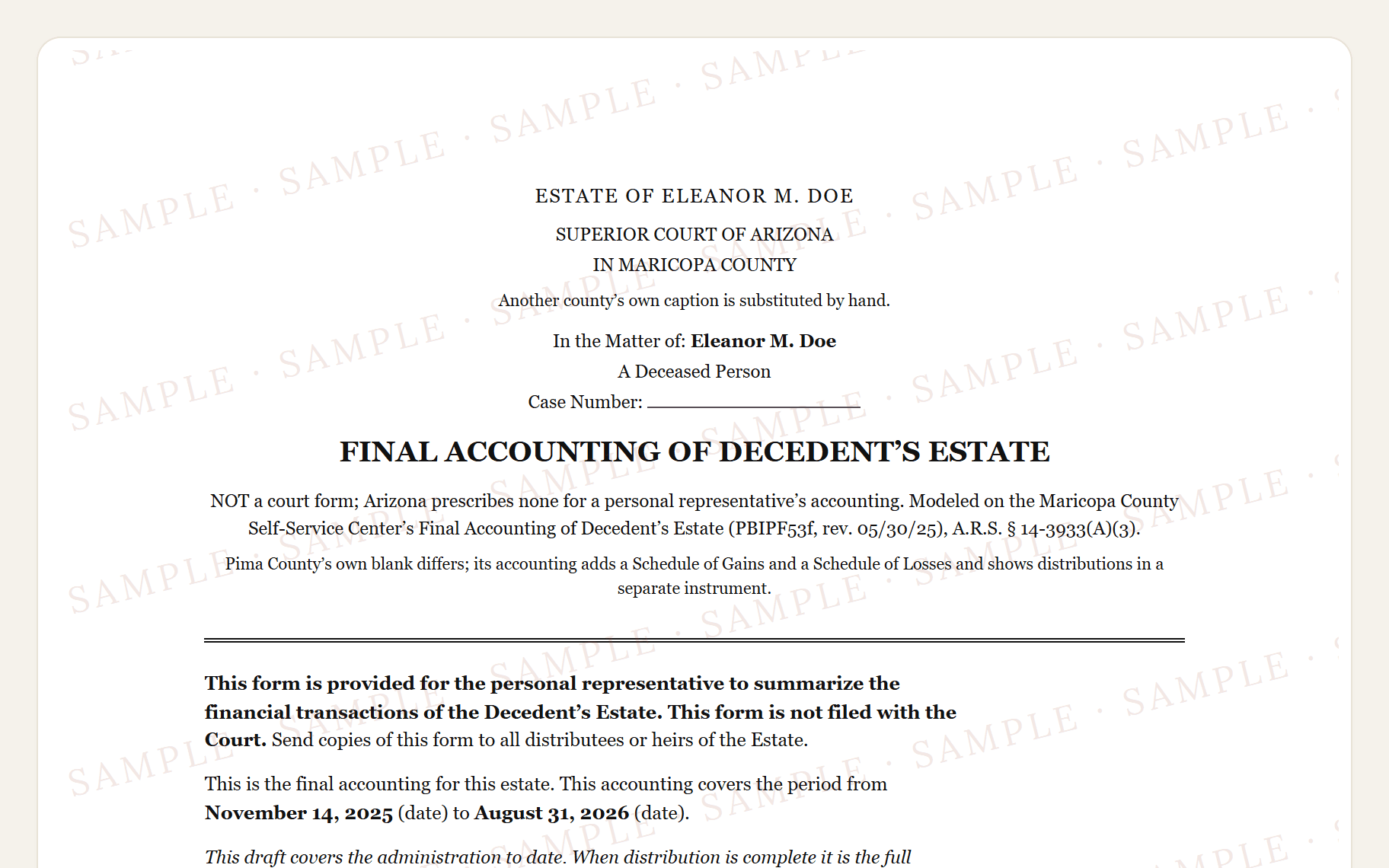 Top of the sample Arizona Maricopa PBIPF53f style final accounting: the superior court caption and the account summary.