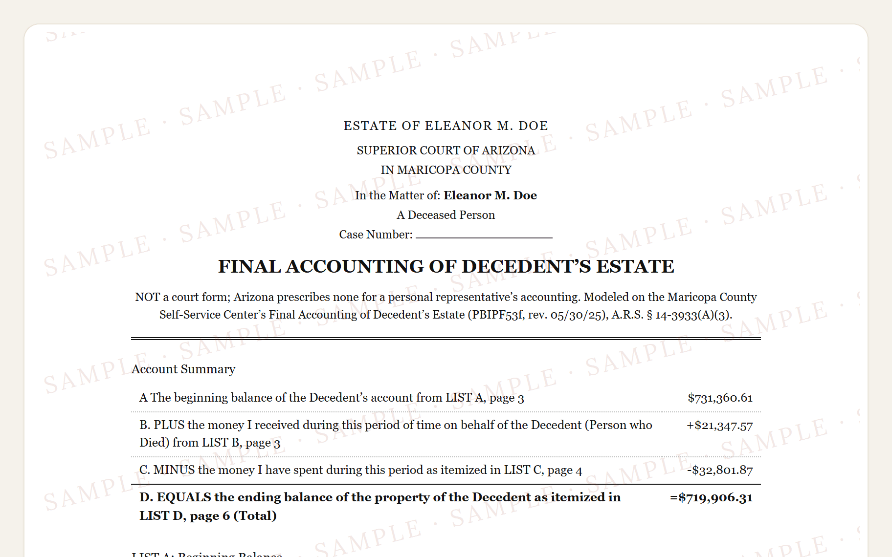 Top of the sample Arizona Maricopa PBIPF53f style final accounting: the superior court caption and the account summary.