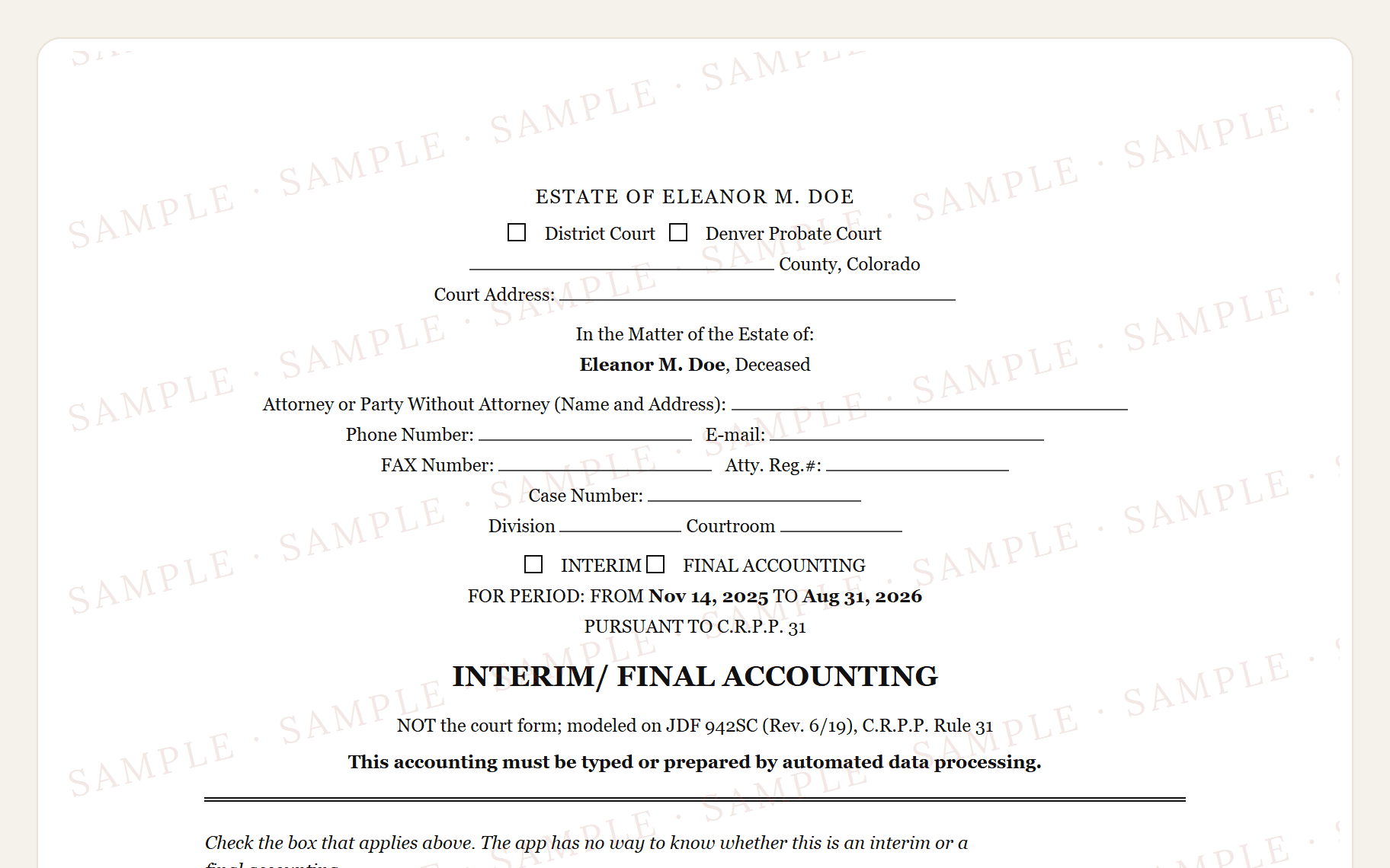 Top of the sample Colorado JDF 942 style accounting: the court caption and the summary of receipts and expenditures.