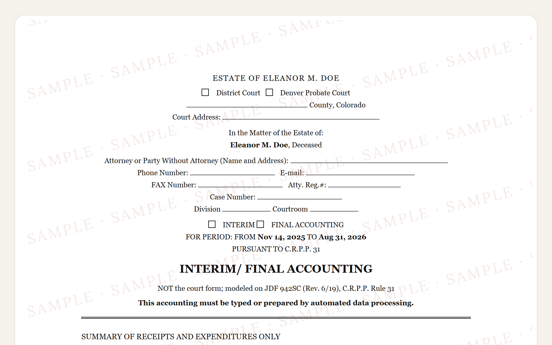 Top of the sample Colorado JDF 942 style accounting: the court caption and the summary of receipts and expenditures.
