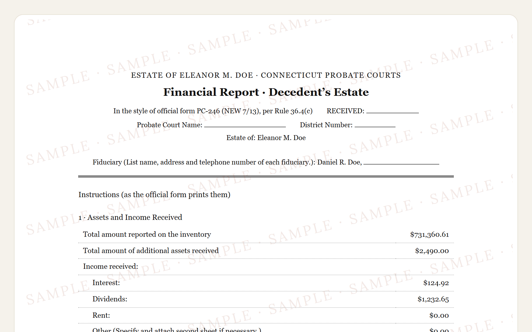 Top of the sample Connecticut PC-246 Financial Report: the court caption and the assets-and-income-received schedule.
