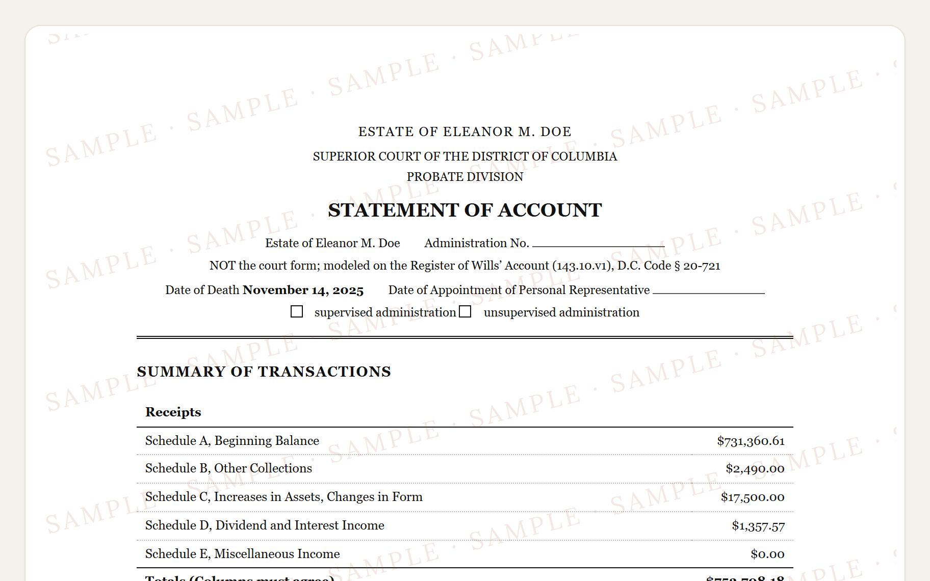 Top of the sample District of Columbia account: the Probate Division caption and the summary of transactions.