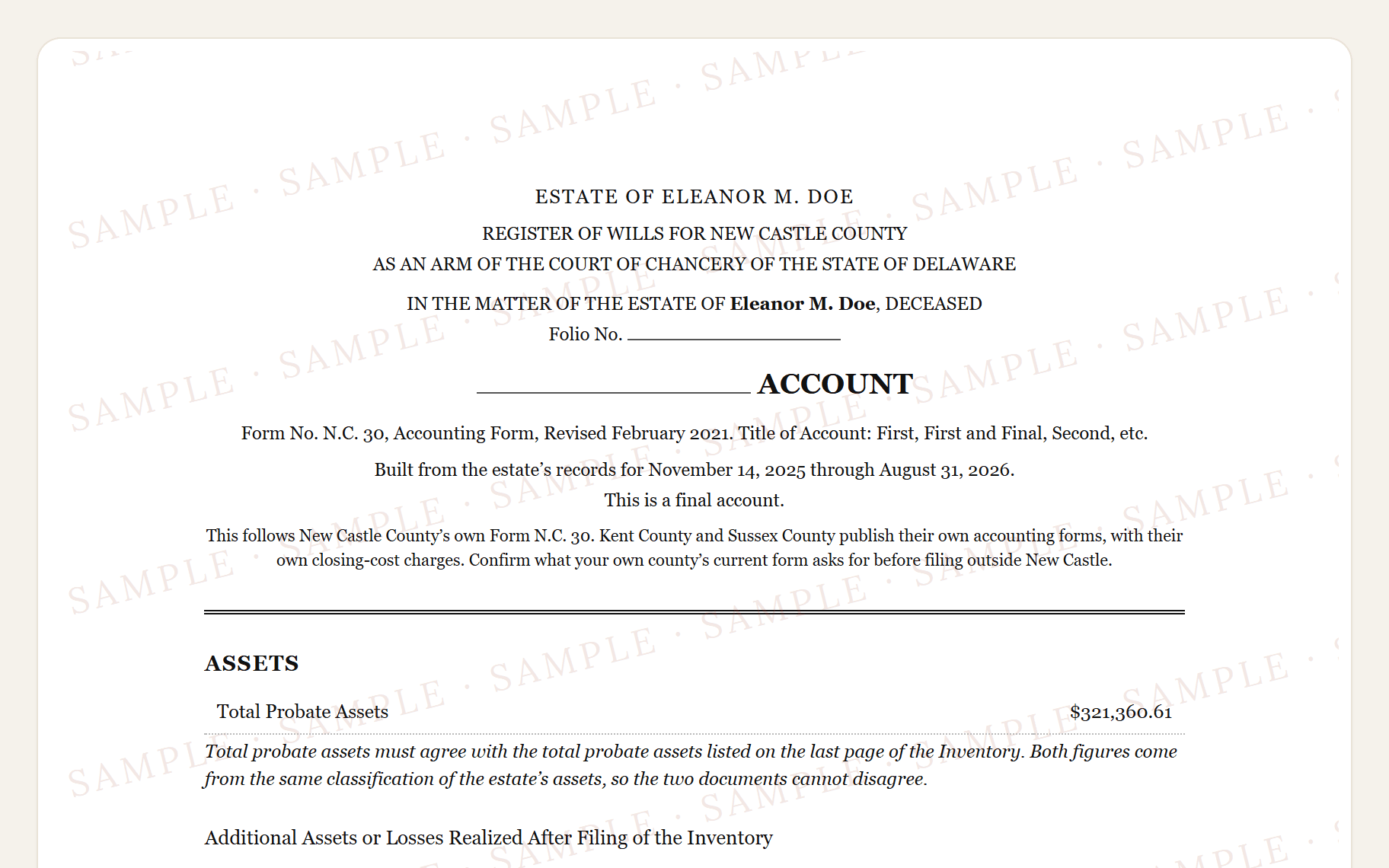 Top of the sample Delaware inventory: the Register of Wills caption and Schedule A, sole real estate.