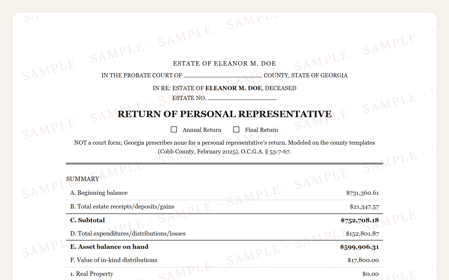 Top of the sample Georgia return: the probate court caption and the summary.
