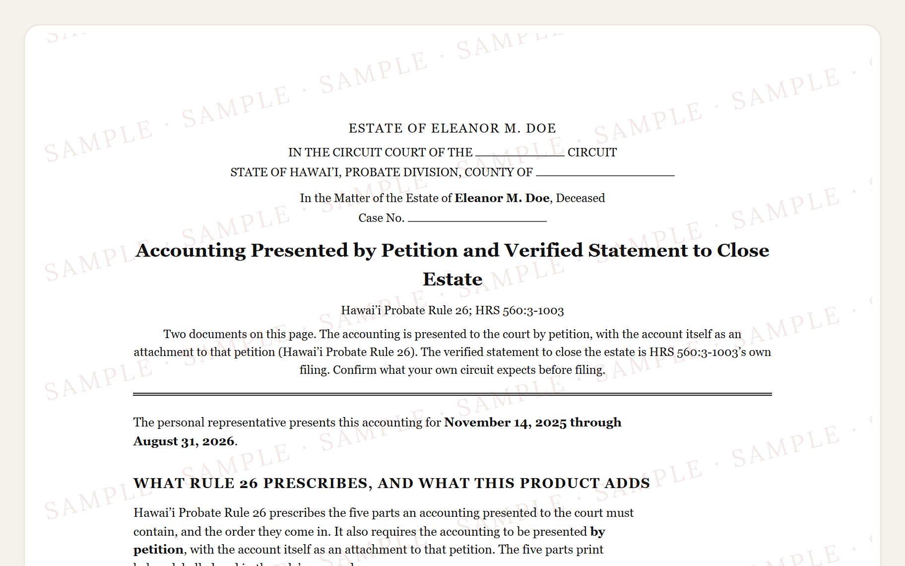 Top of the sample Hawaii inventory: the circuit court caption, the title, and the declaration under penalty of law.