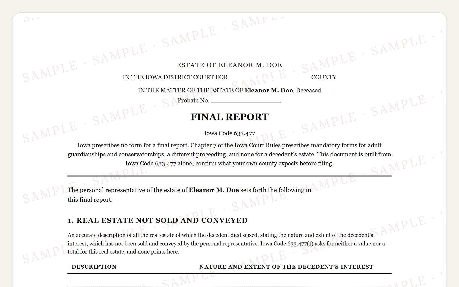 Top of the sample Iowa report and inventory: the district court caption, the title, and the certification under penalty of perjury.