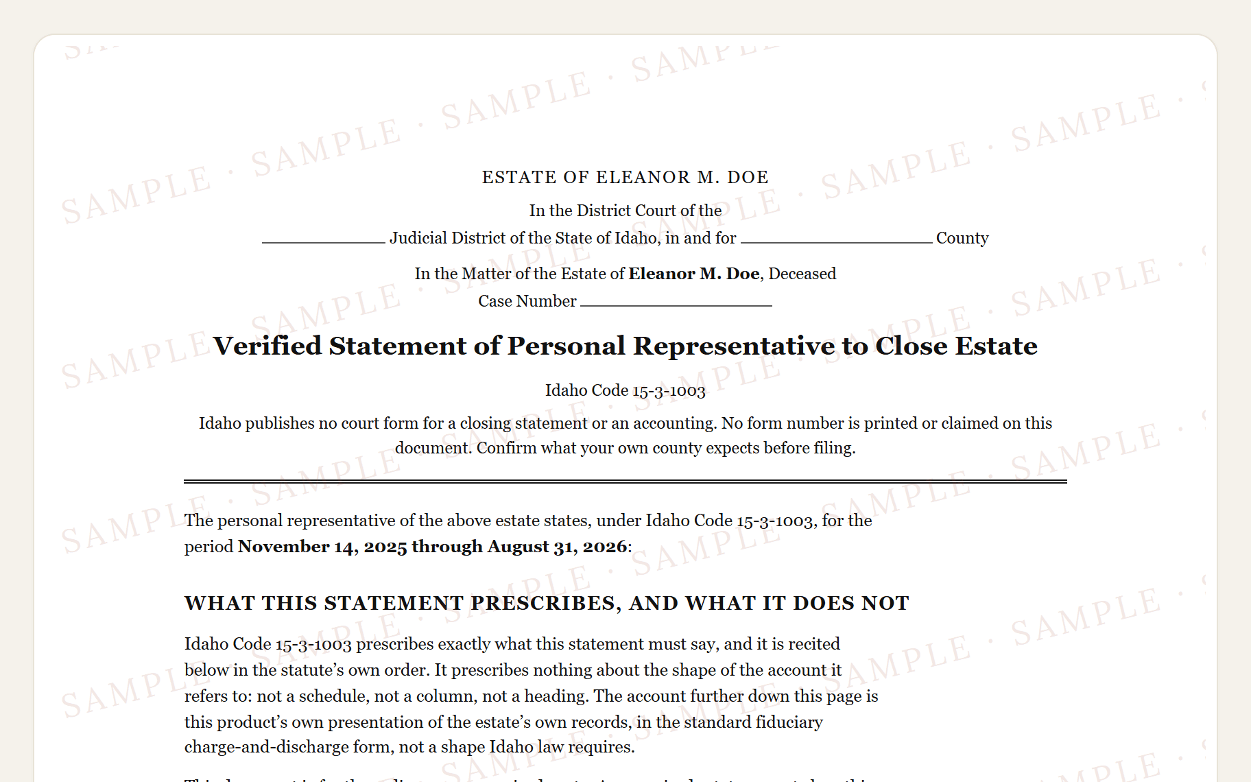 Top of the sample Idaho closing statement: the district court caption, the title, and the opening charge from the inventory.