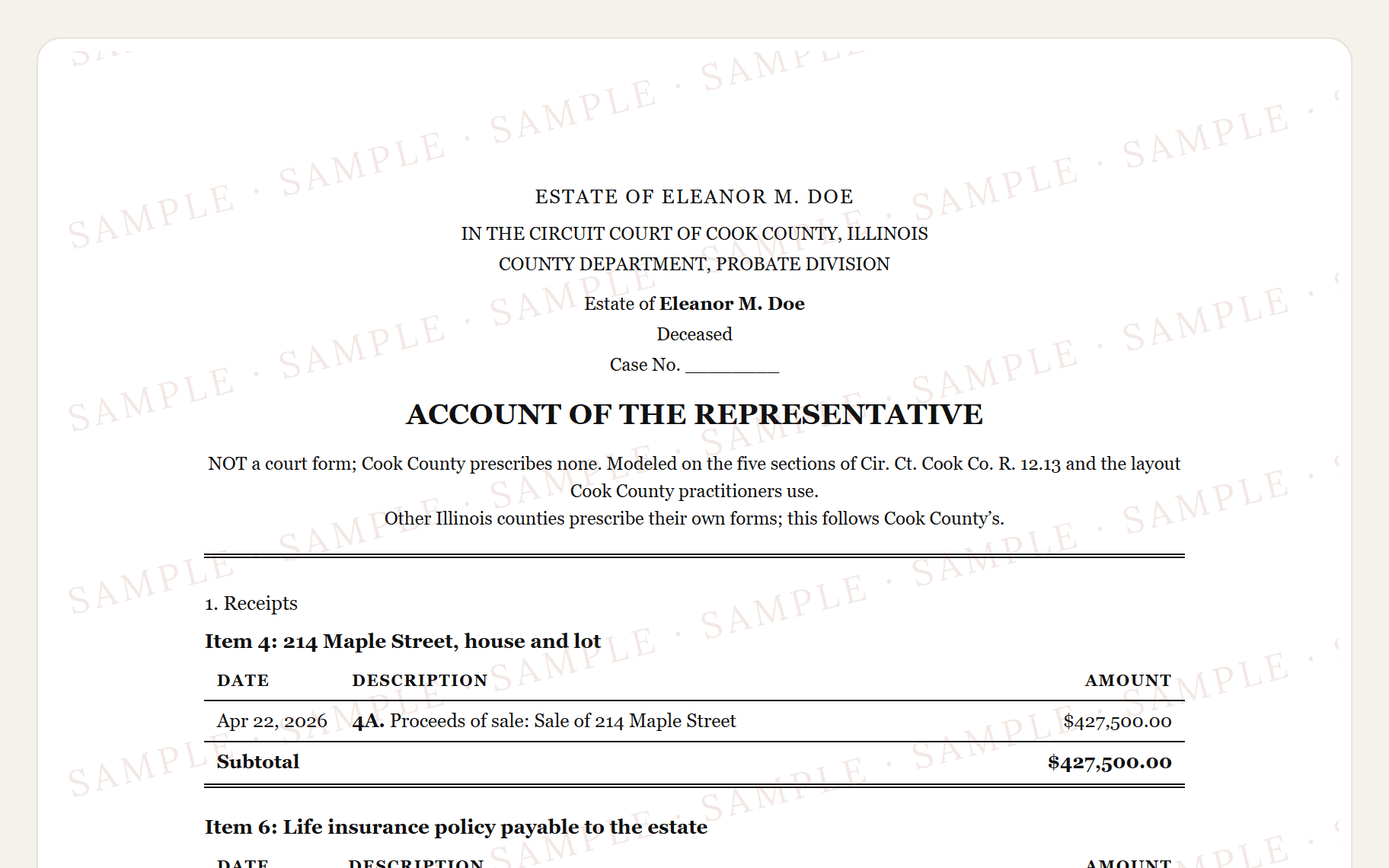Top of the sample Illinois account in the Cook County style: the Probate Division caption and the Receipts section.