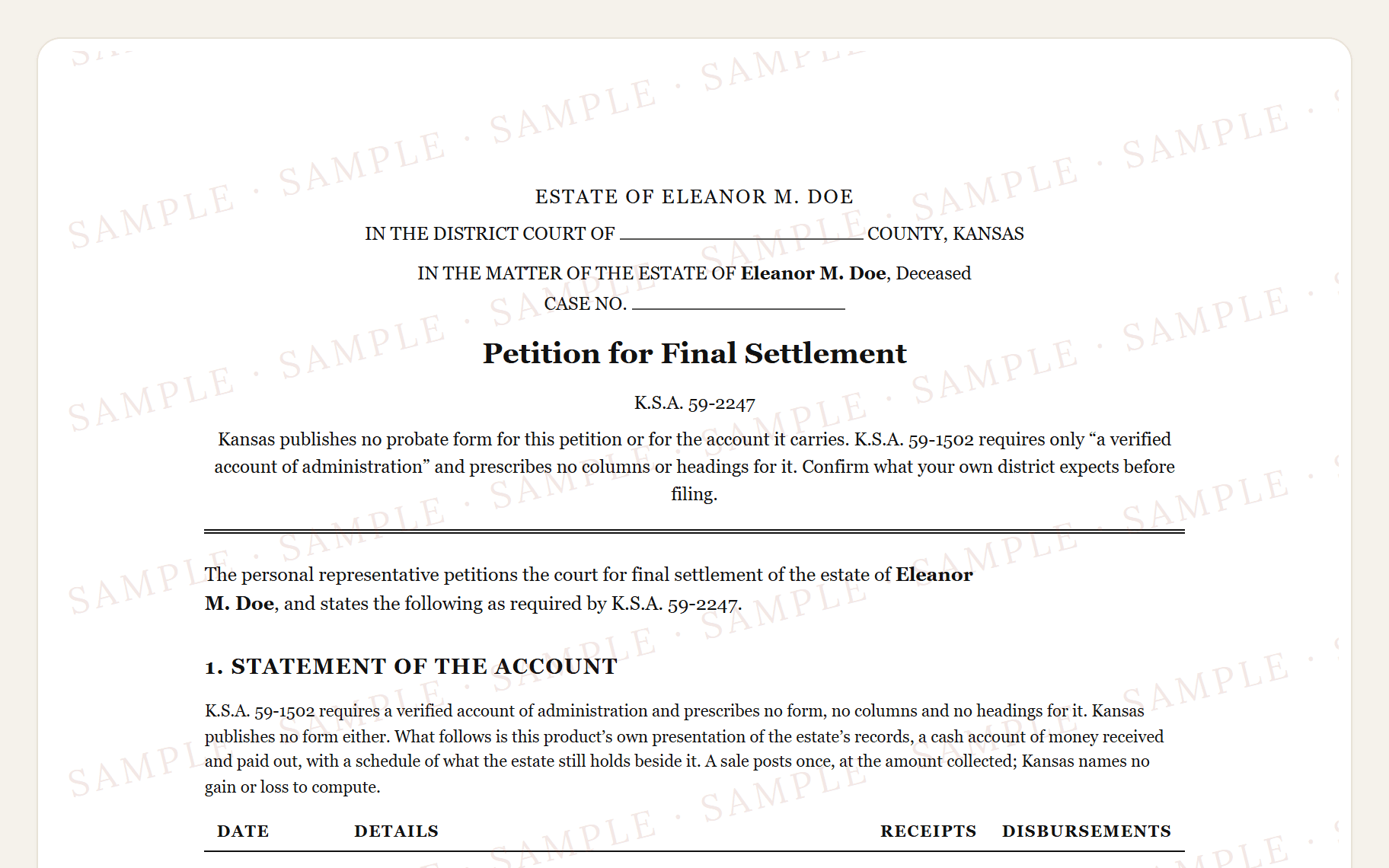Top of the sample Kansas inventory: the district court caption and the five lettered classes.