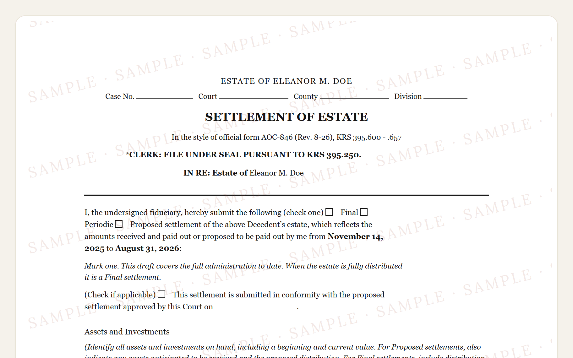 Top of the sample Kentucky AOC-846 Settlement of Estate: the case caption and the assets-and-investments table.