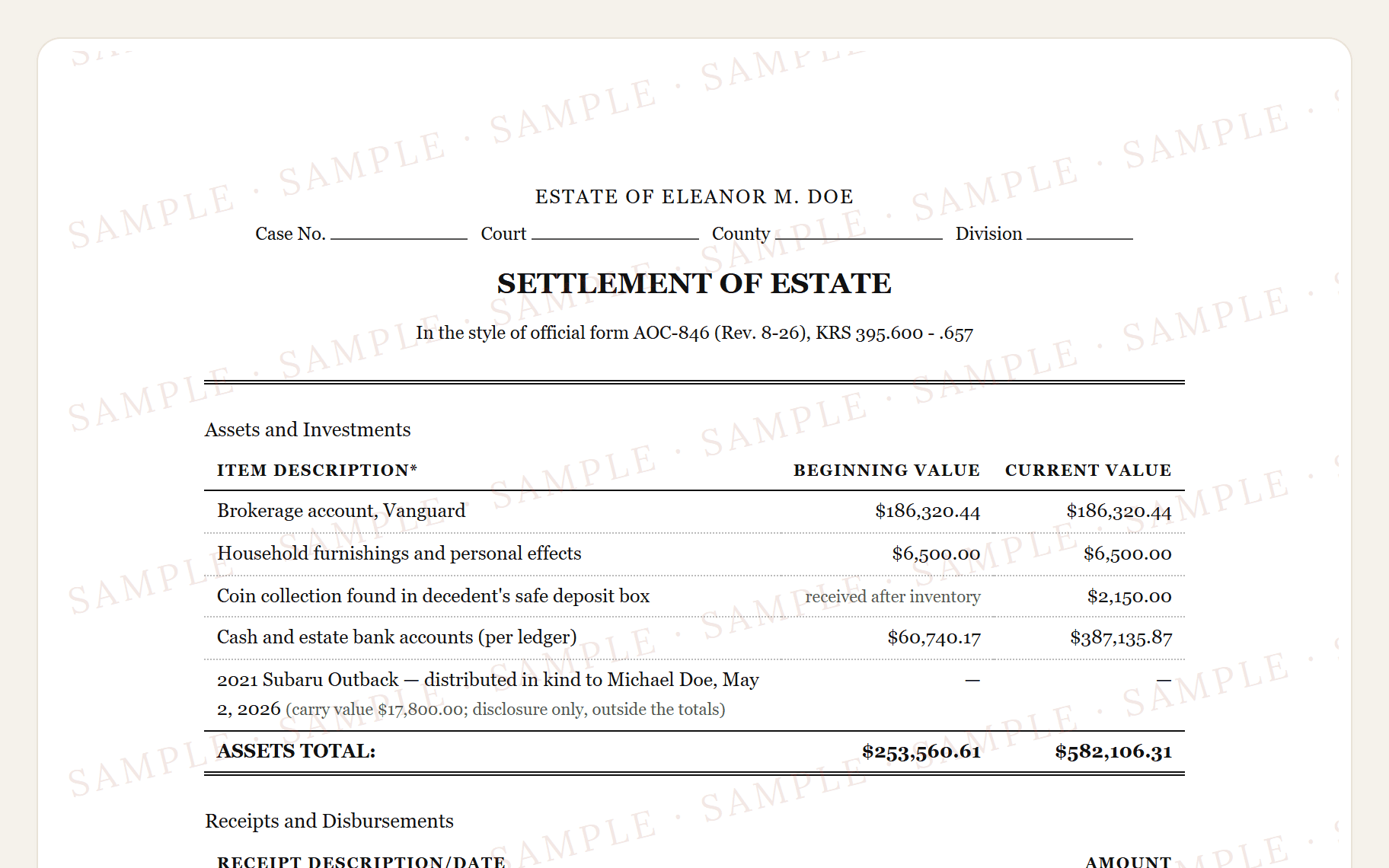 Top of the sample Kentucky AOC-846 Settlement of Estate: the case caption and the assets-and-investments table.