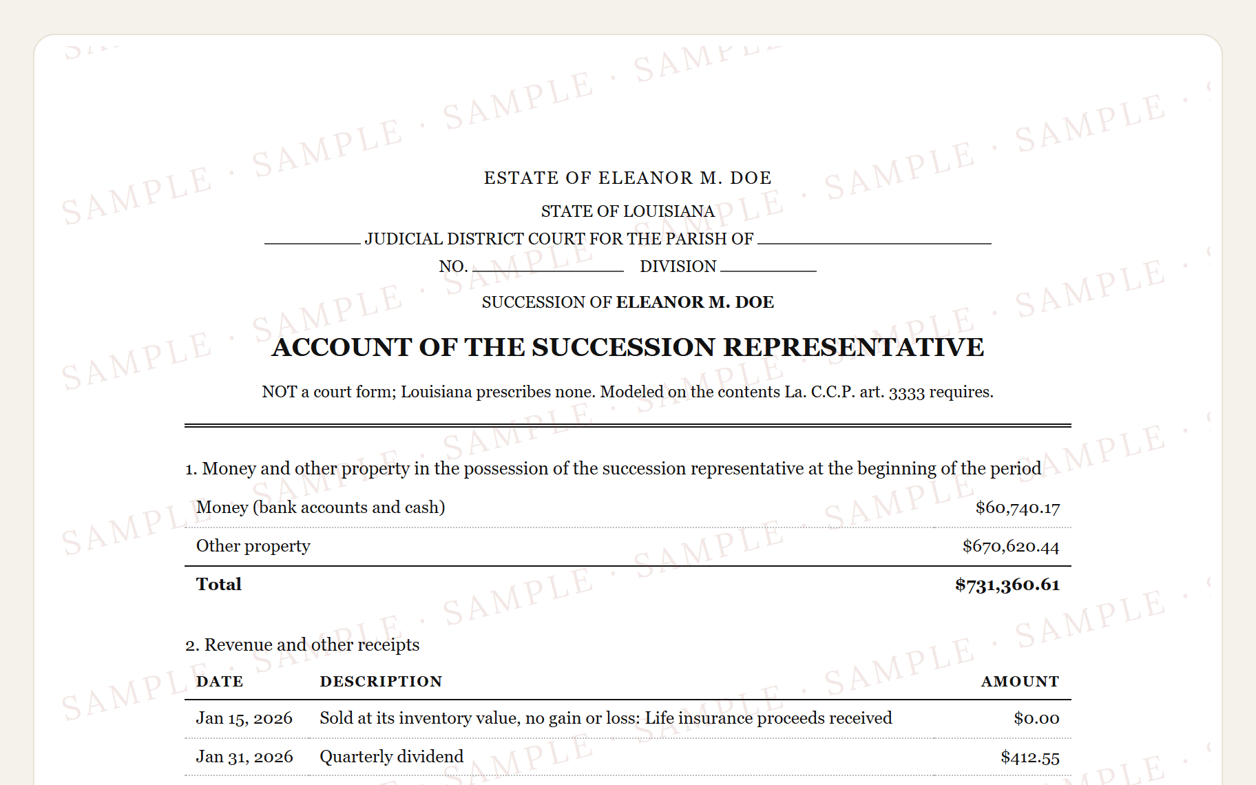 Top of the sample Louisiana succession account: the parish caption and the property on hand at the start of the period.