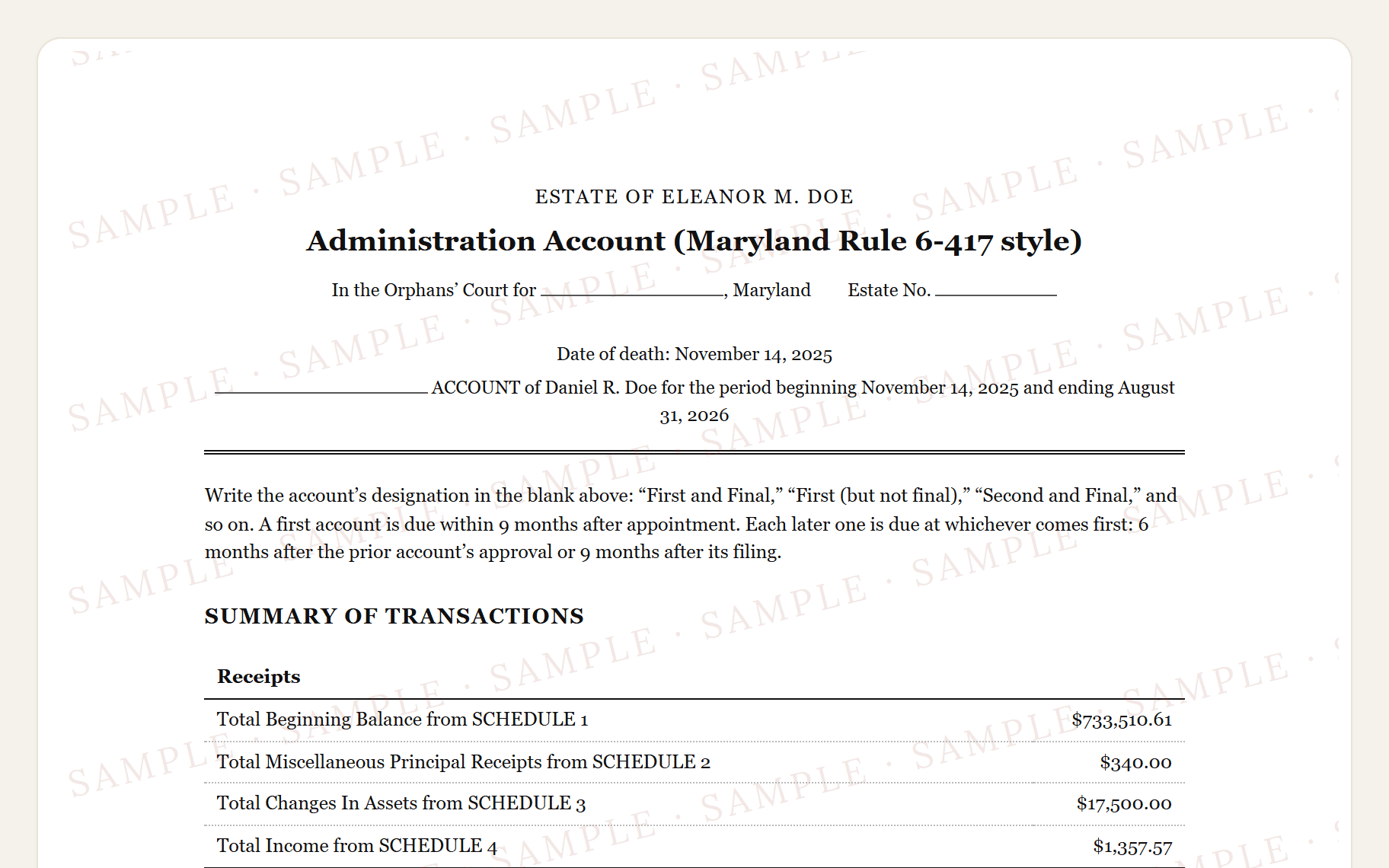 Top of the sample Maryland Administration Account: the court caption and the Summary of Transactions by schedule.