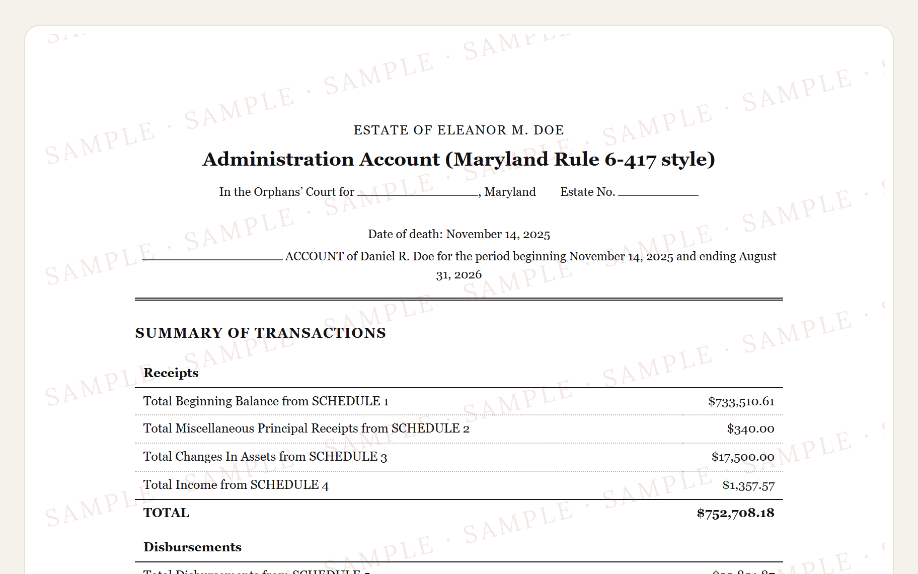 Top of the sample Maryland Administration Account: the court caption and the Summary of Transactions by schedule.