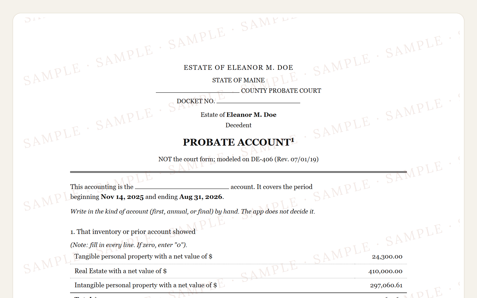 Top of the sample Maine DE-406 style probate account: the county caption and the opening balances.