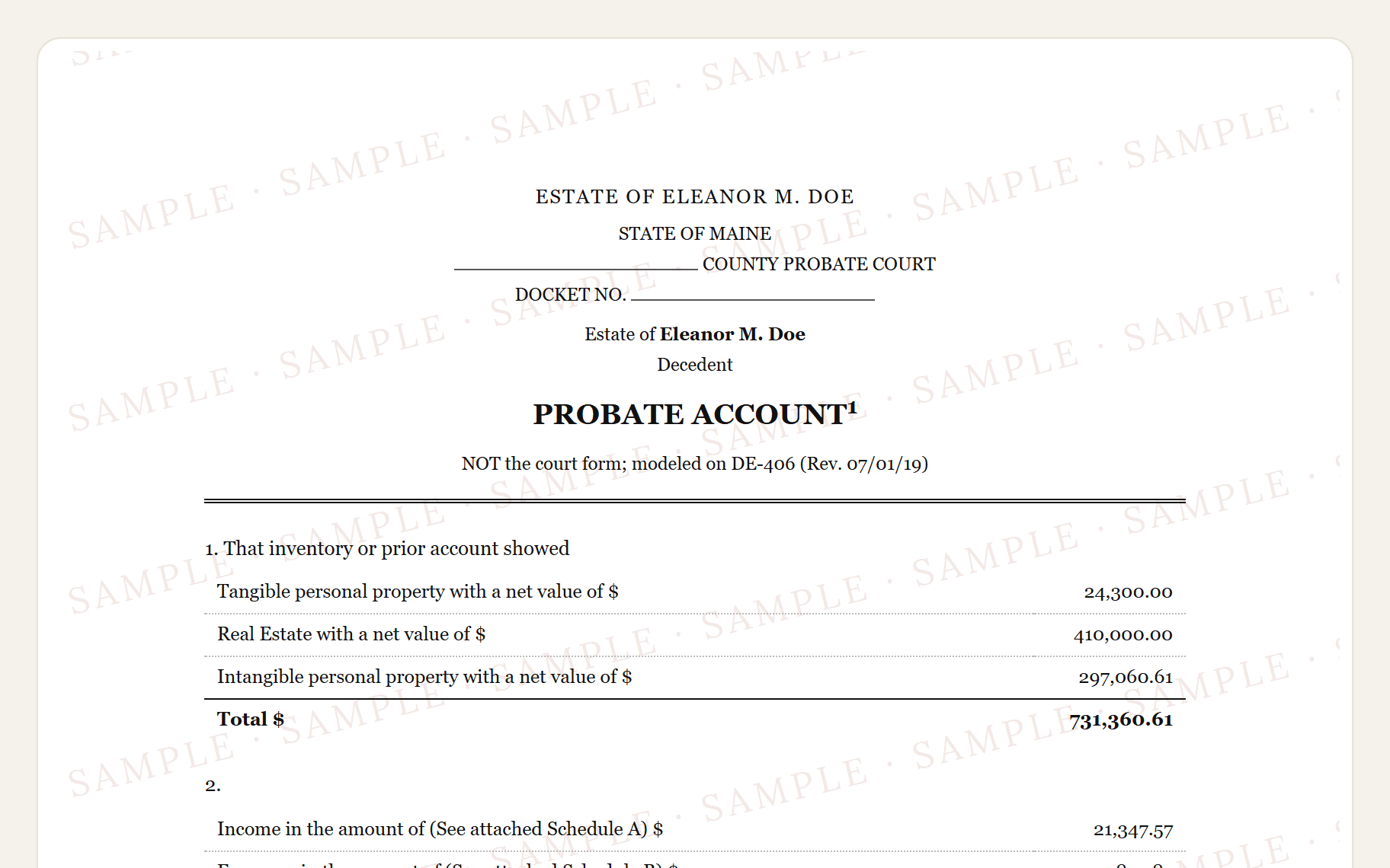 Top of the sample Maine DE-406 style probate account: the county caption and the opening balances.