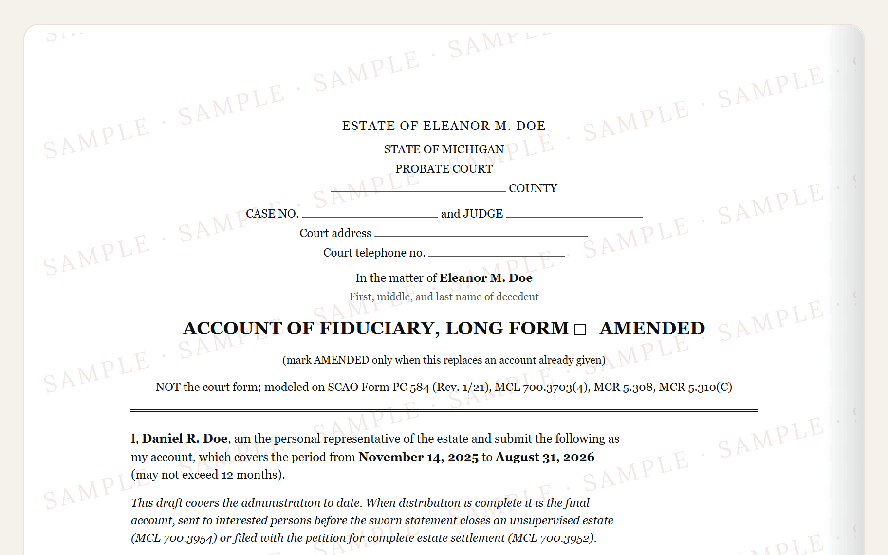 Top of the sample Michigan PC 584 style account: the probate court caption and the summary.