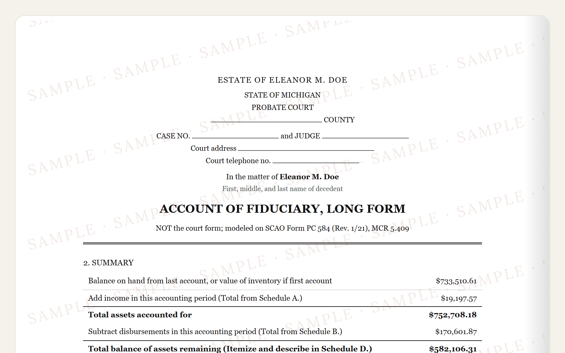 Top of the sample Michigan PC 584 style account: the probate court caption and the summary.