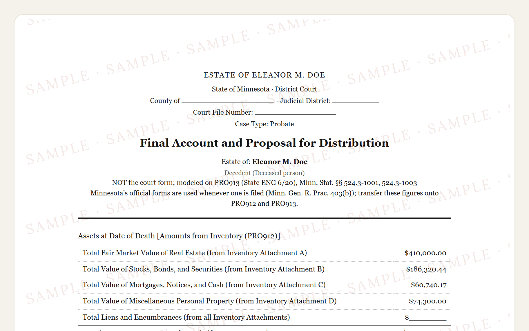 Top of the sample Minnesota PRO913 style final account: the district court caption and the assets at date of death.