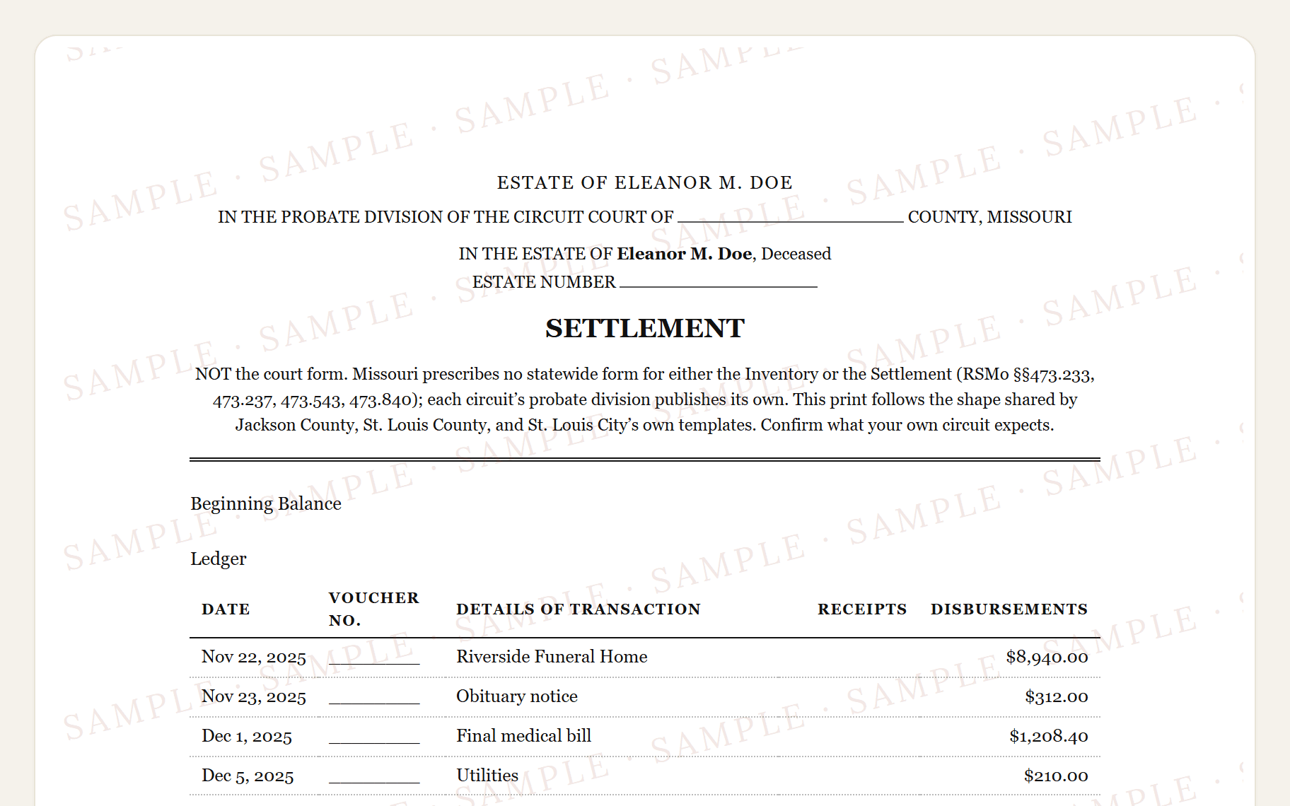 Top of the sample Missouri settlement: the circuit court caption and the beginning balance above the ledger.