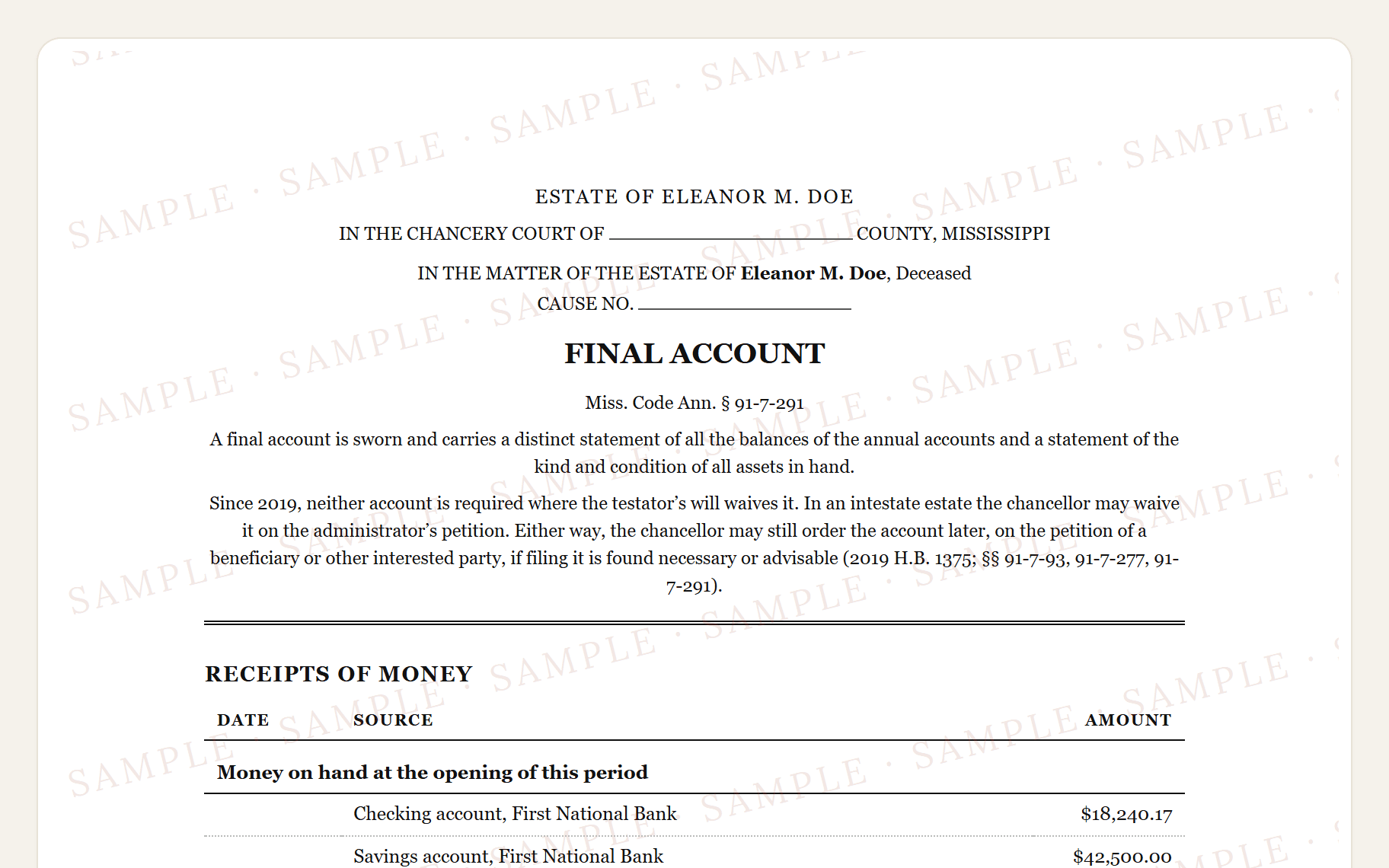 Top of the sample Mississippi account: the chancery court caption and the opening cash above the ledger.