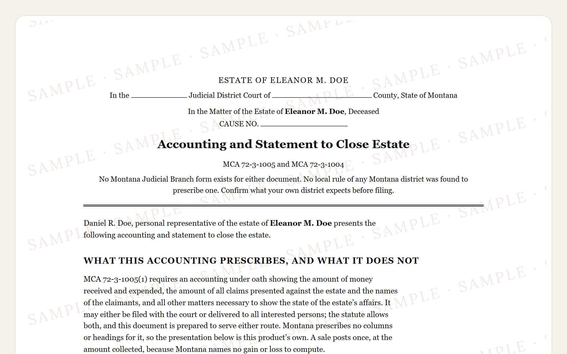 Top of the sample Montana district court caption, the title, and the declaration under penalty of perjury.