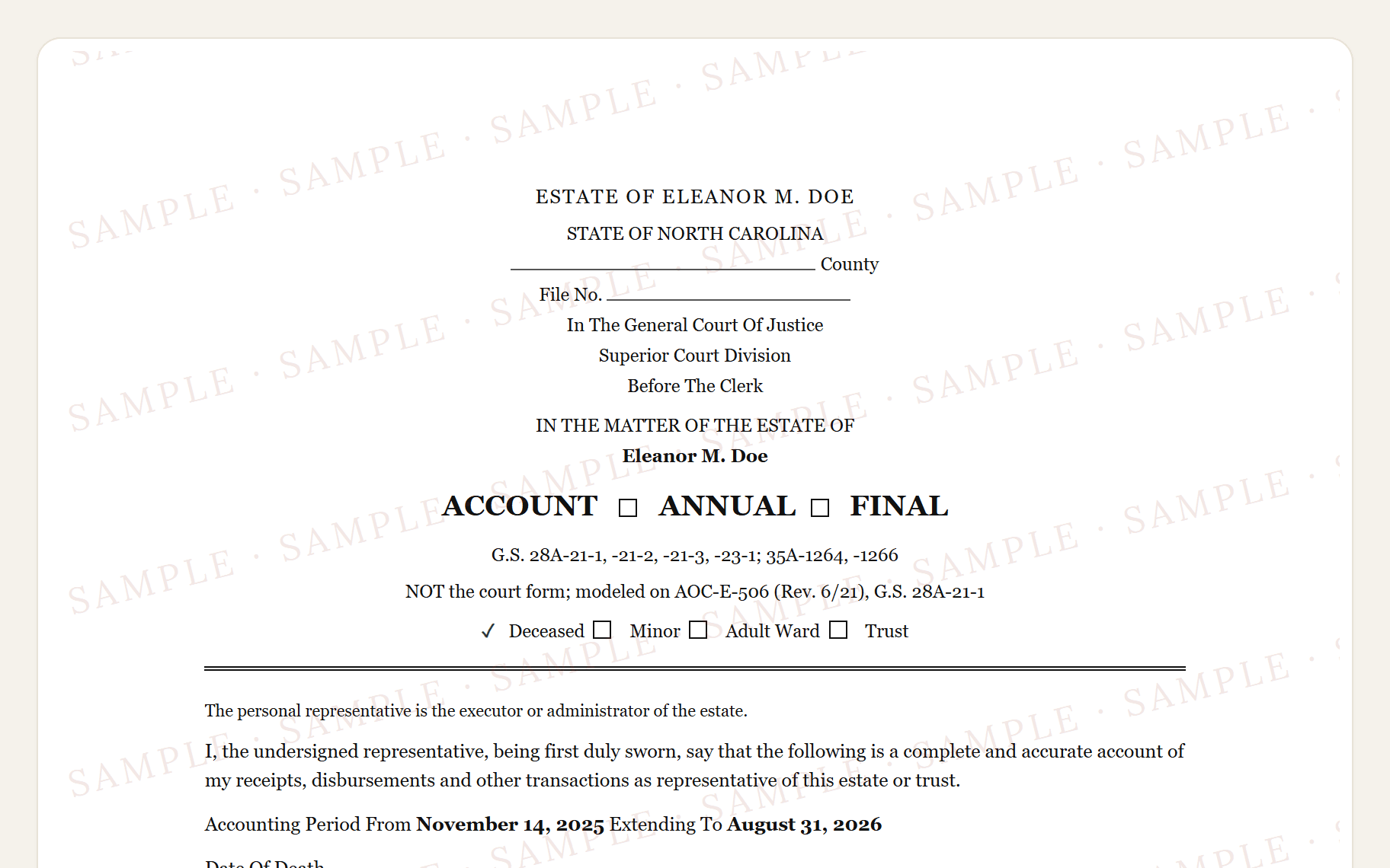 Top of the sample North Carolina AOC-E-506 style account: the clerk's caption and the summary.