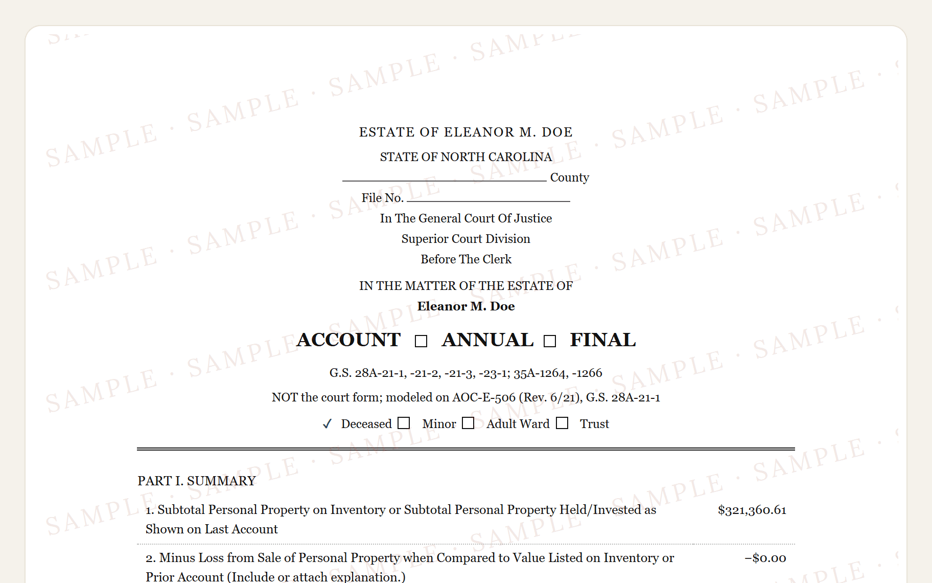 Top of the sample North Carolina AOC-E-506 style account: the clerk's caption and the summary.