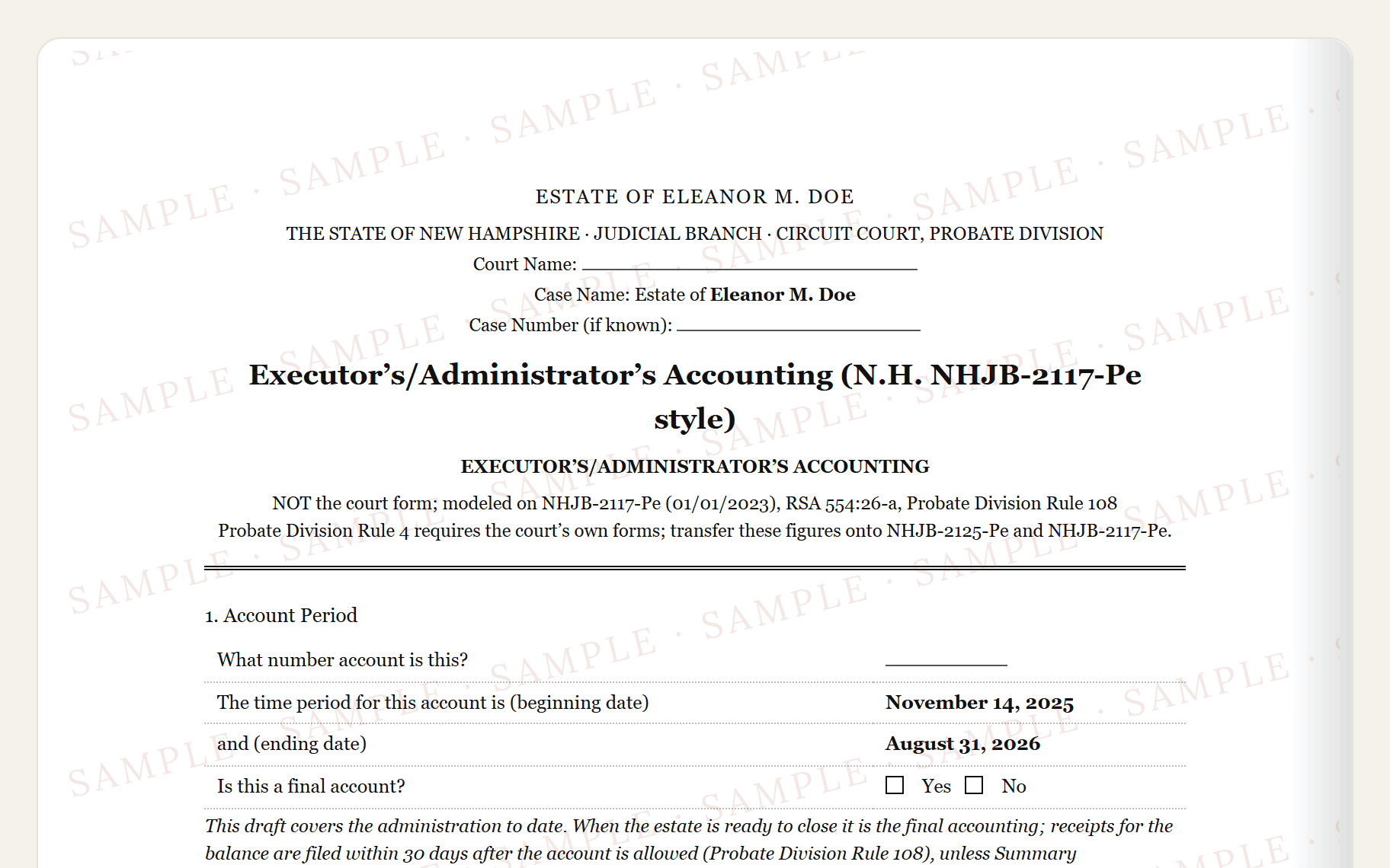 Top of the sample New Hampshire NHJB-2117-Pe style accounting: the Probate Division caption and the account summary.