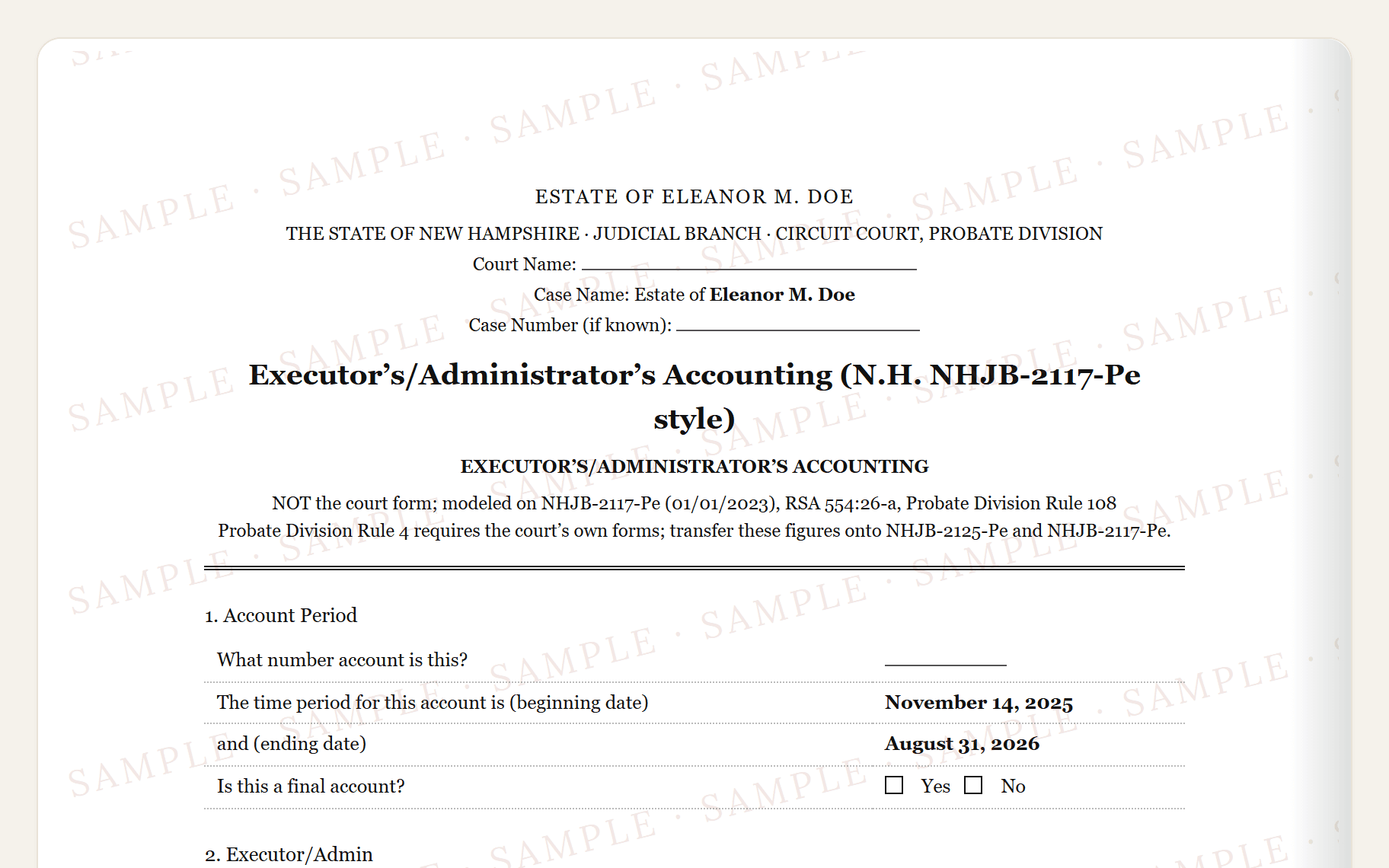 Top of the sample New Hampshire NHJB-2117-Pe style accounting: the Probate Division caption and the account summary.