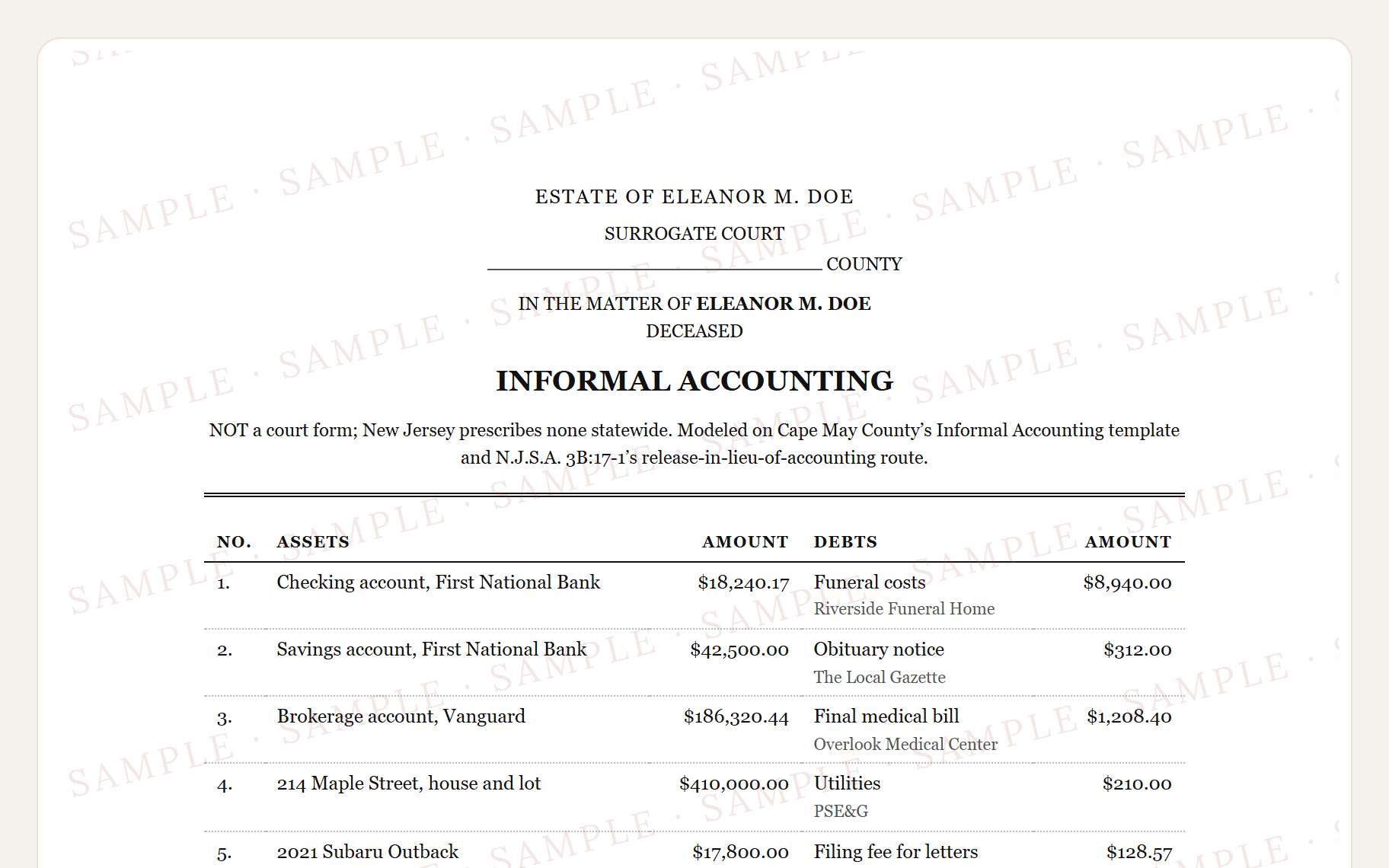 Top of the sample New Jersey informal accounting: the Surrogate Court caption and the assets and debts columns.