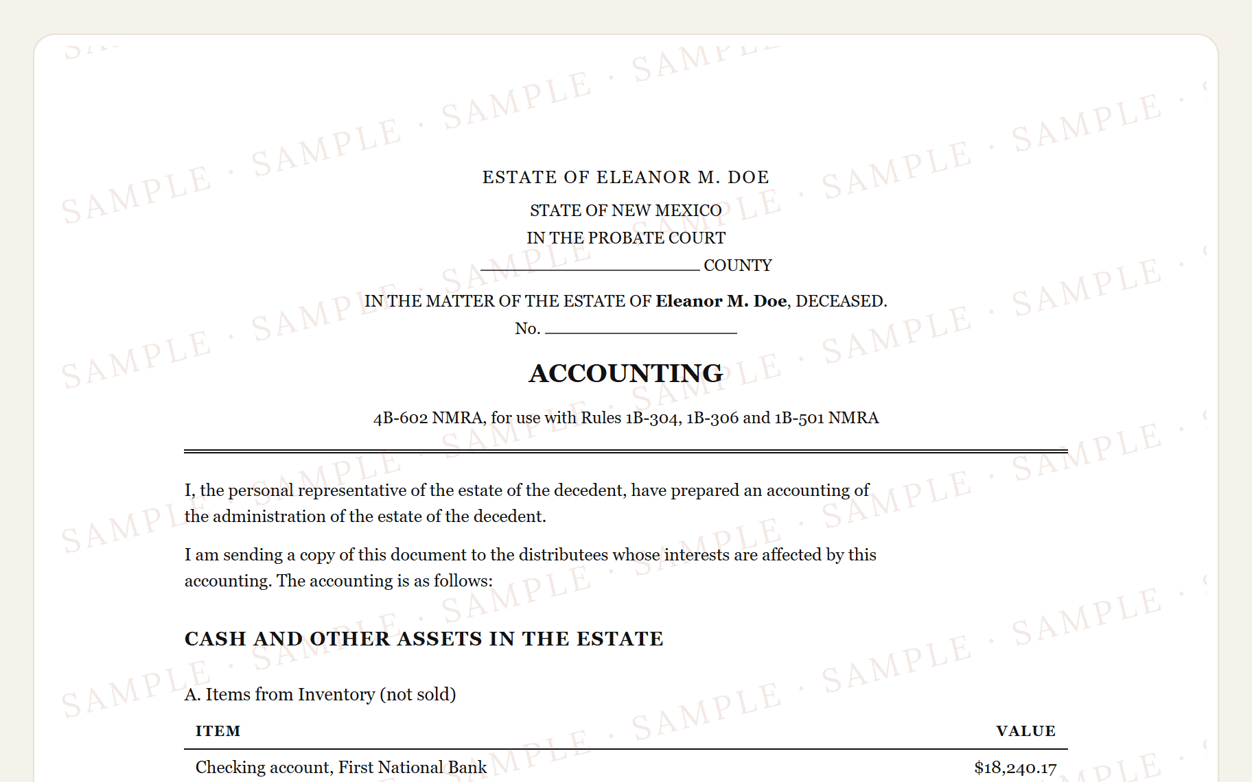 Top of the sample New Mexico accounting: the probate court caption, the ACCOUNTING title, and the items from inventory table.