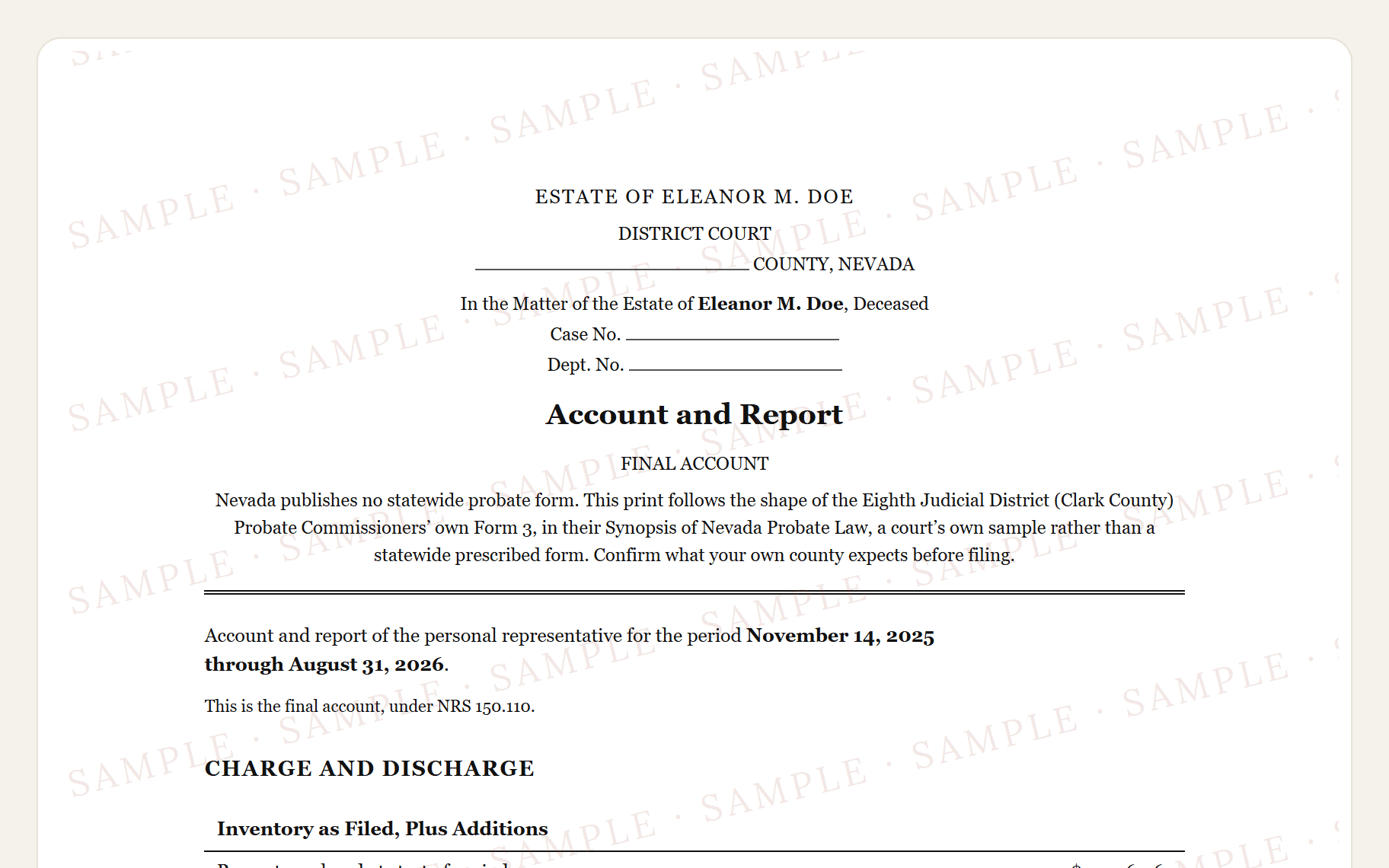 Top of the sample Nevada account: the district court caption, the title, and the opening charge from the inventory.