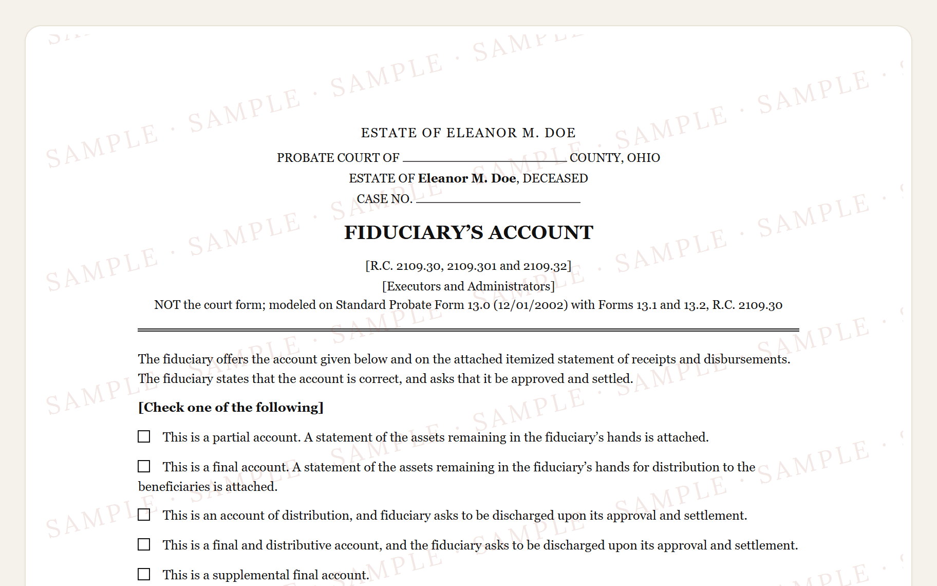 Top of the sample Ohio Form 13.0 style account: the probate court caption and the account-type lines.