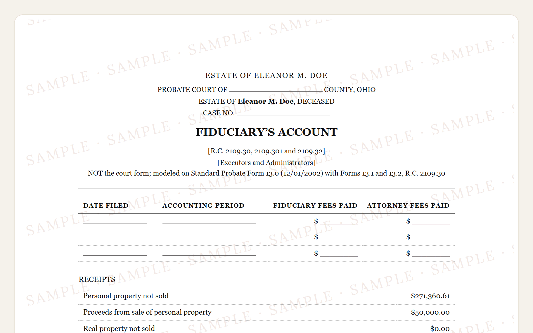 Top of the sample Ohio Form 13.0 style account: the probate court caption and the account-type lines.