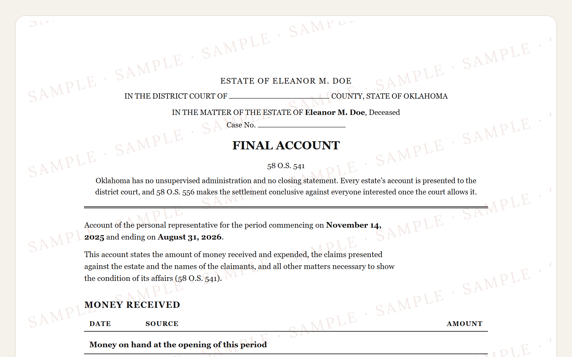 Top of the sample Oklahoma inventory: the district court caption, the title, and the list of estate property.