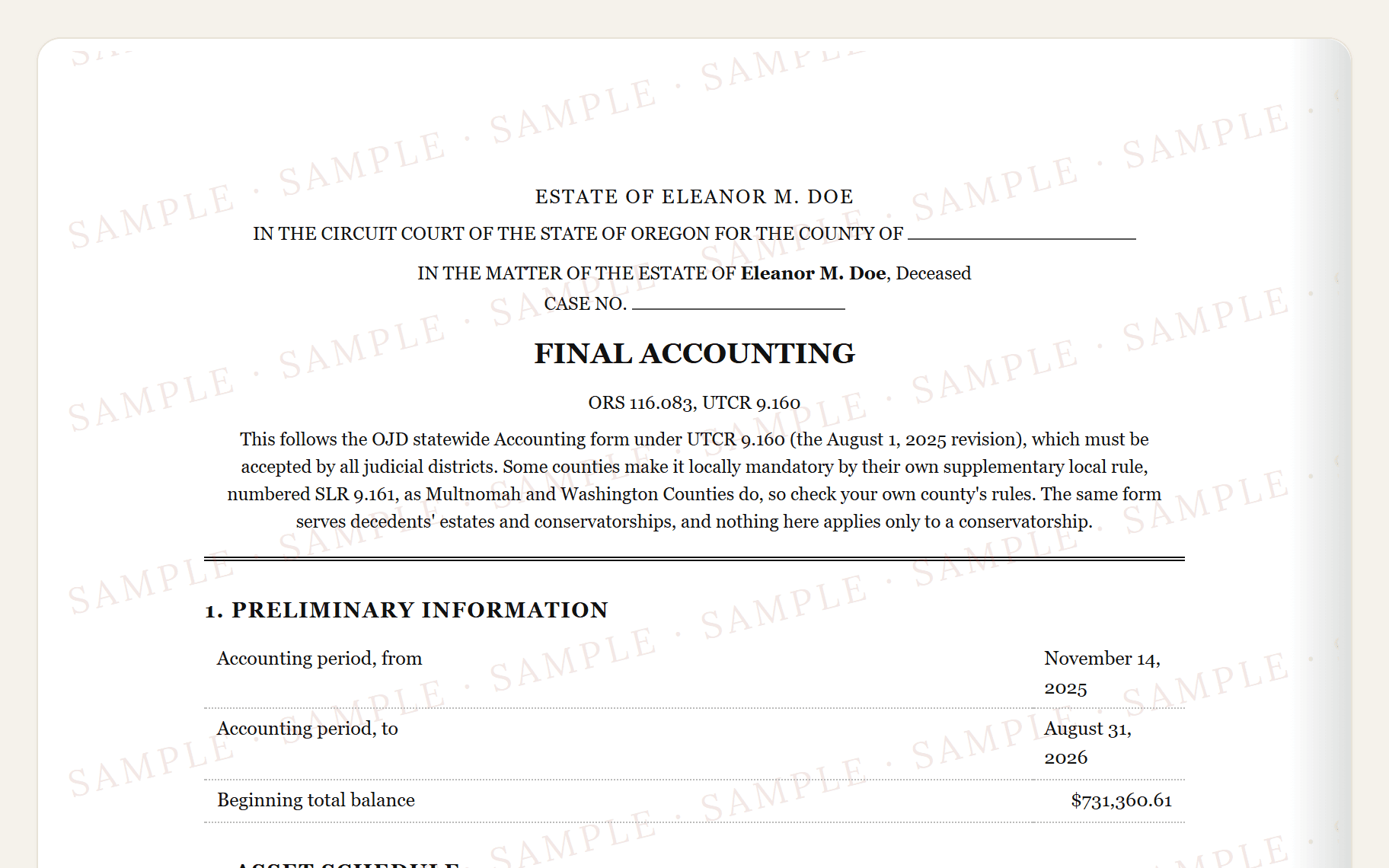Top of the sample Oregon accounting: the circuit court caption, the title, and the preliminary information.