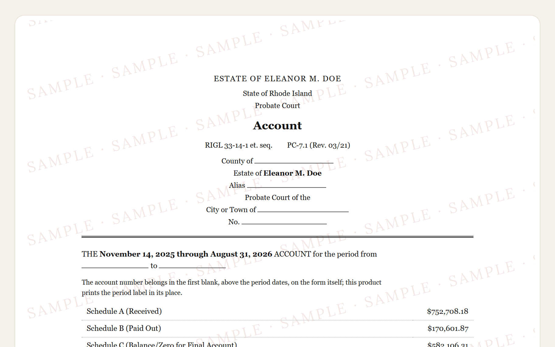 Top of the sample Rhode Island inventory: the probate court caption, the title, and the personal property list.