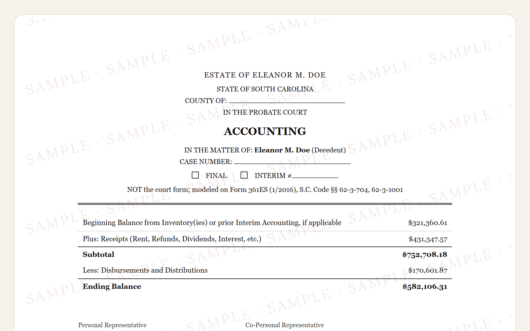 Top of the sample South Carolina Form 361ES style accounting: the probate court caption and the summary.