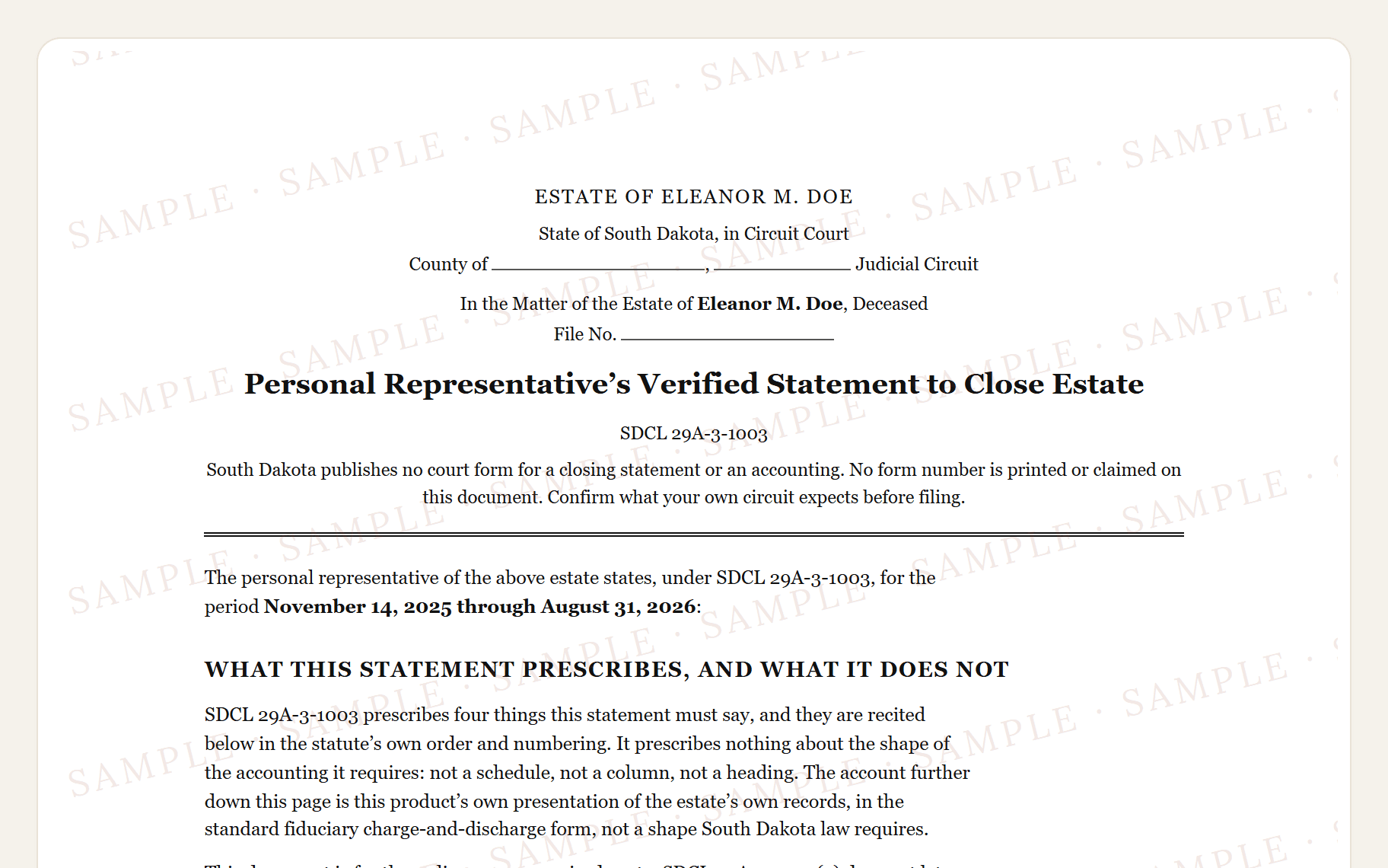 Top of the sample South Dakota circuit court caption, the title, and the declaration under penalty of perjury.