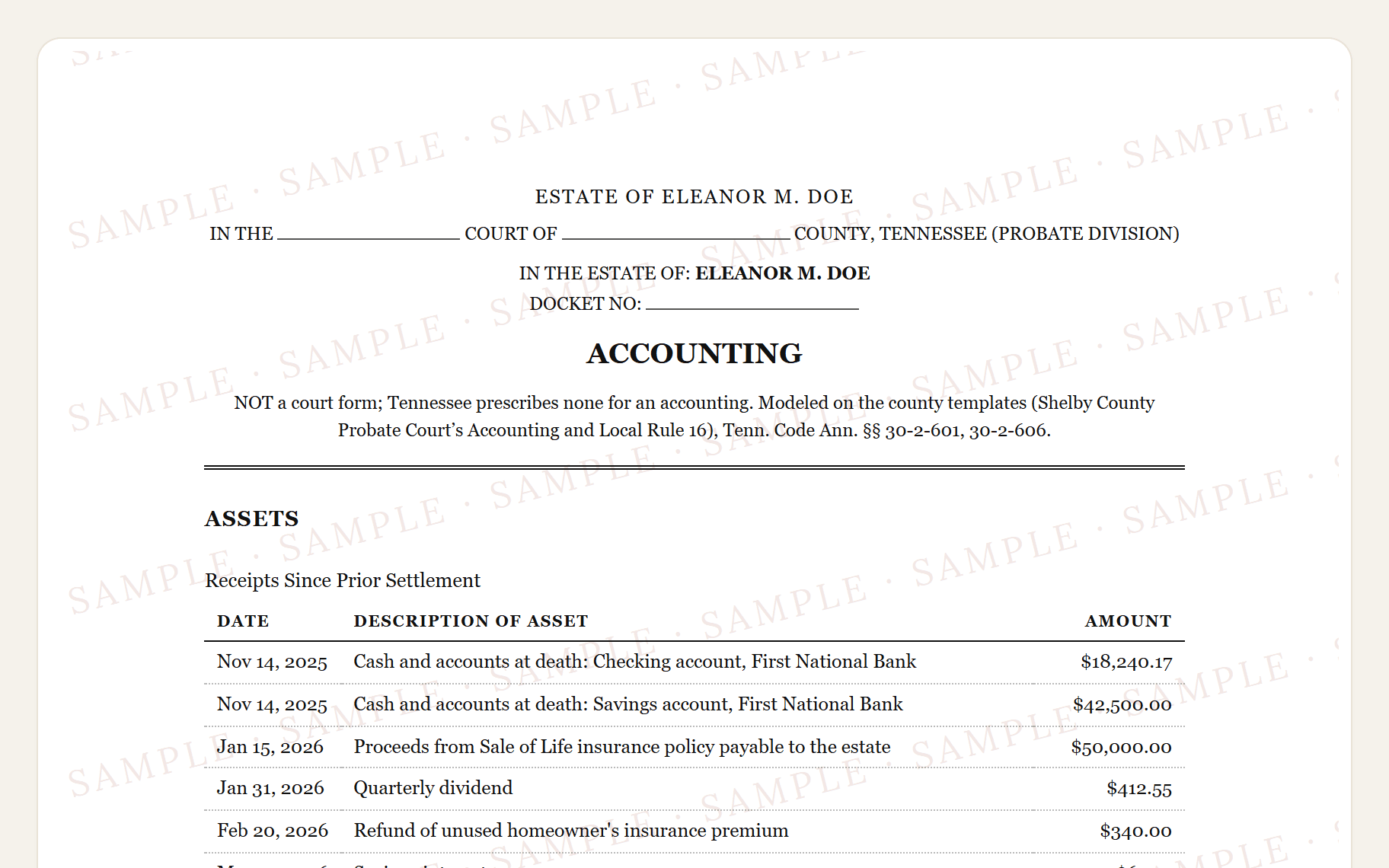 Top of the sample Tennessee clerk-style accounting: the probate court caption and the receipts since the prior settlement.