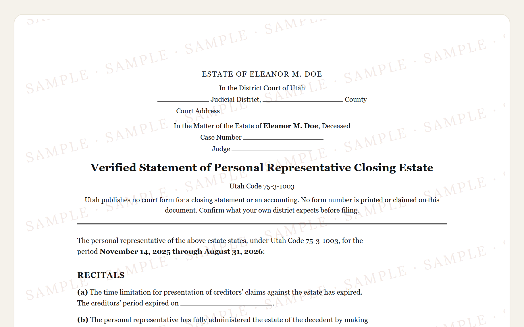 Top of the sample Utah closing statement: the District Court of Utah caption, the title, and the line saying Utah publishes no court form for it.