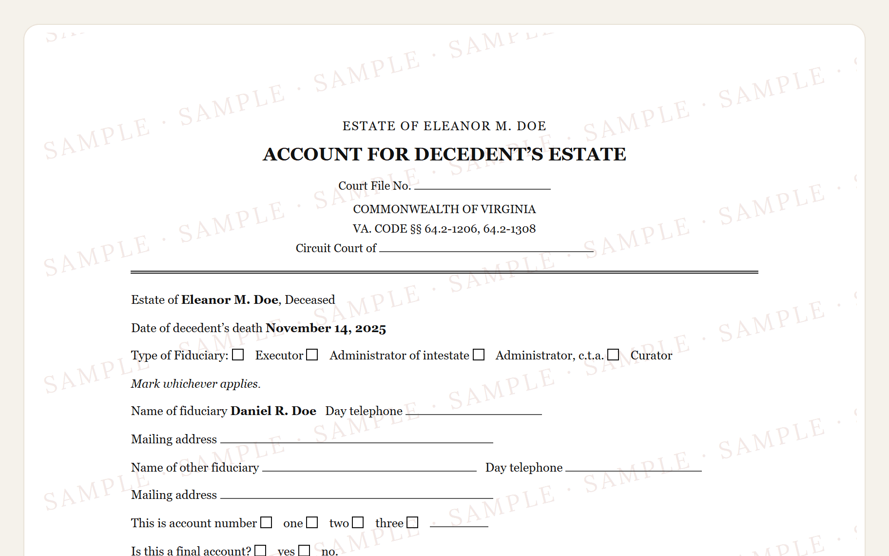 Top of the sample Virginia CC-1680 style account: the Commonwealth caption and the Account Summary.