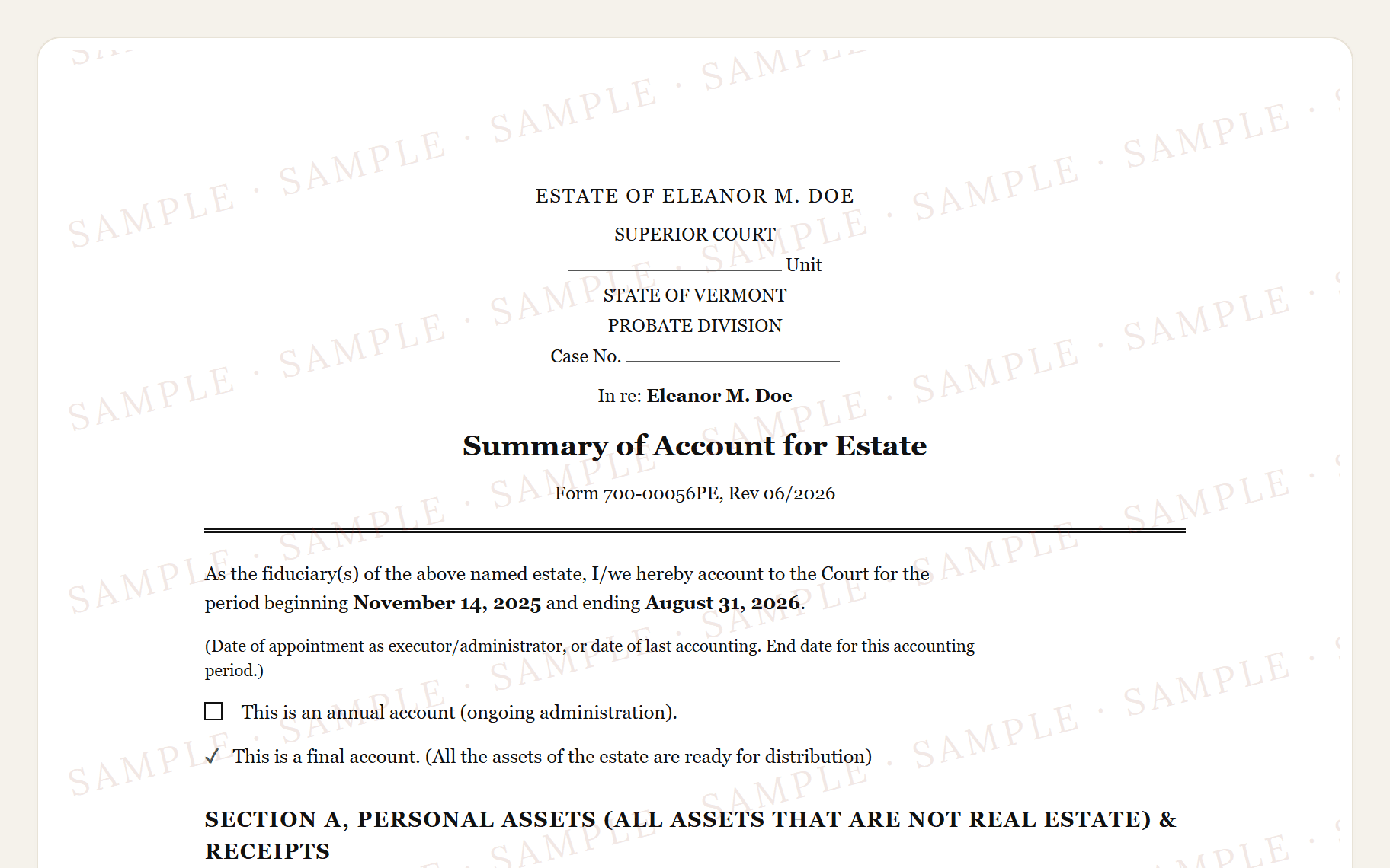 Top of the sample Vermont inventory: the probate division caption, the title, and the fair market value column.